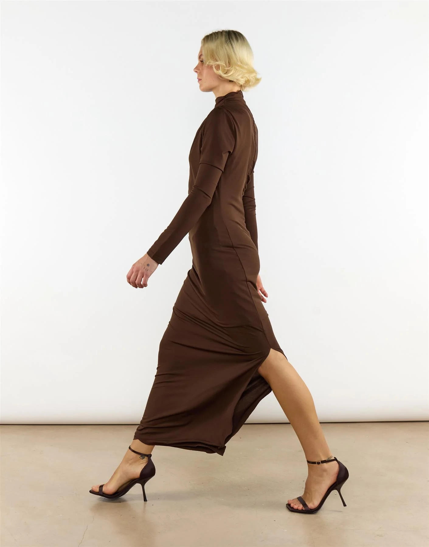 High Neck Split Front Maxi Dress in Dark Brown - Image 3