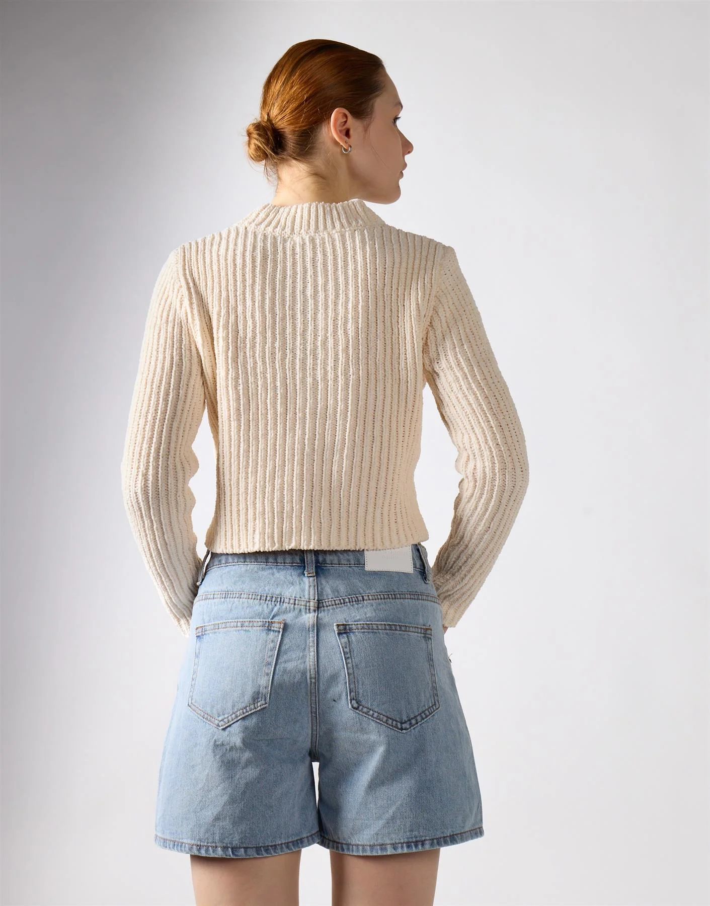 High Waist Rigid Denim Shorts - Mid Blue - Image 2