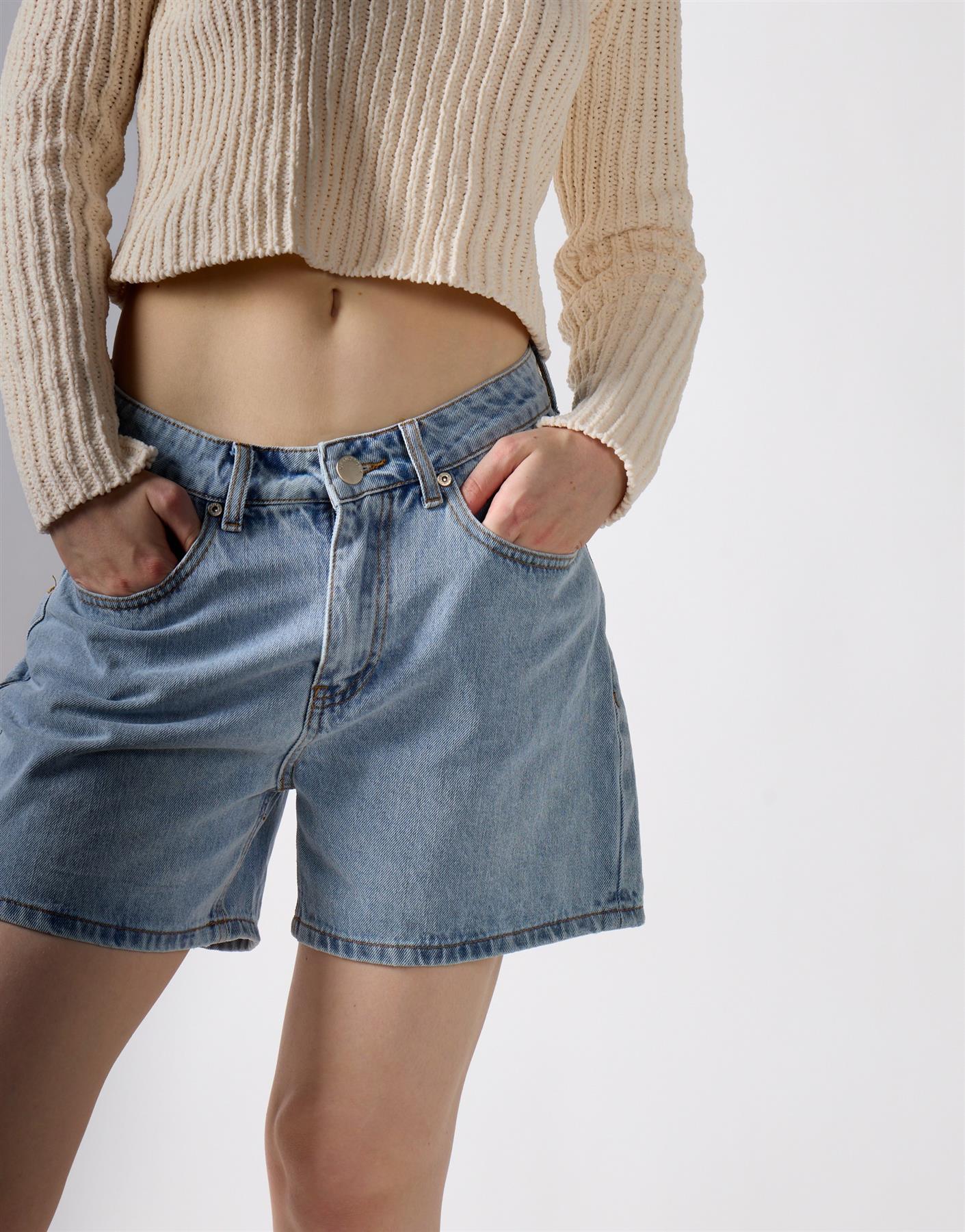 High Waist Rigid Denim Shorts - Mid Blue - Image 3