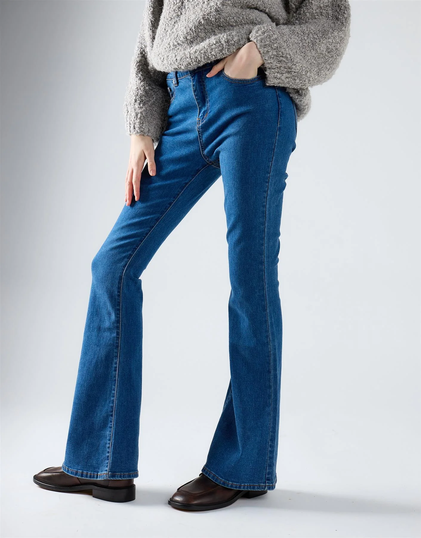 High Waisted Flared Jeans - Mid Stone - Image 4