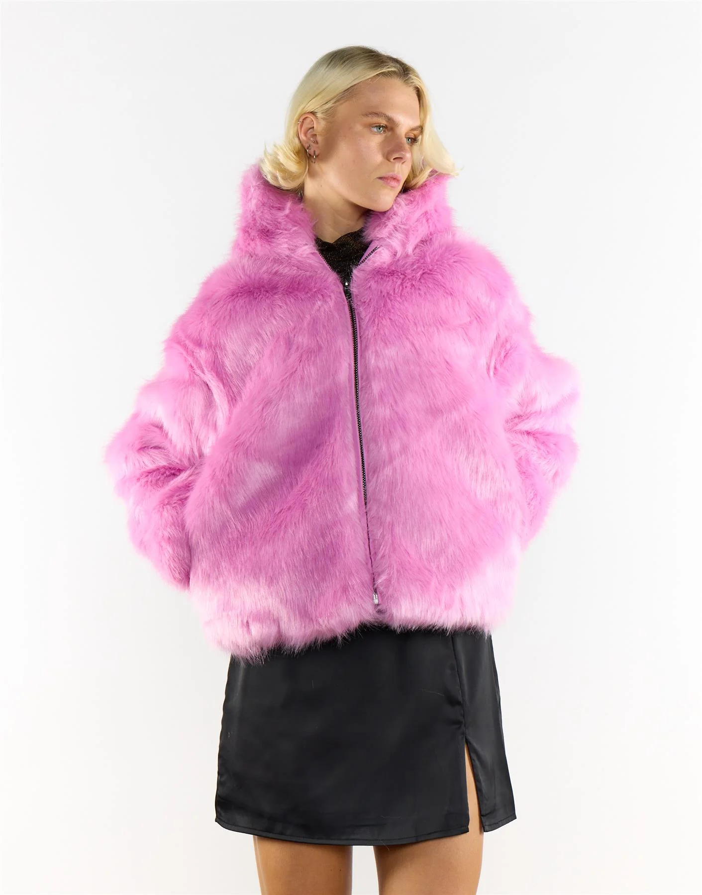 Hooded faux fur jacket in Candy Pink - Image 3