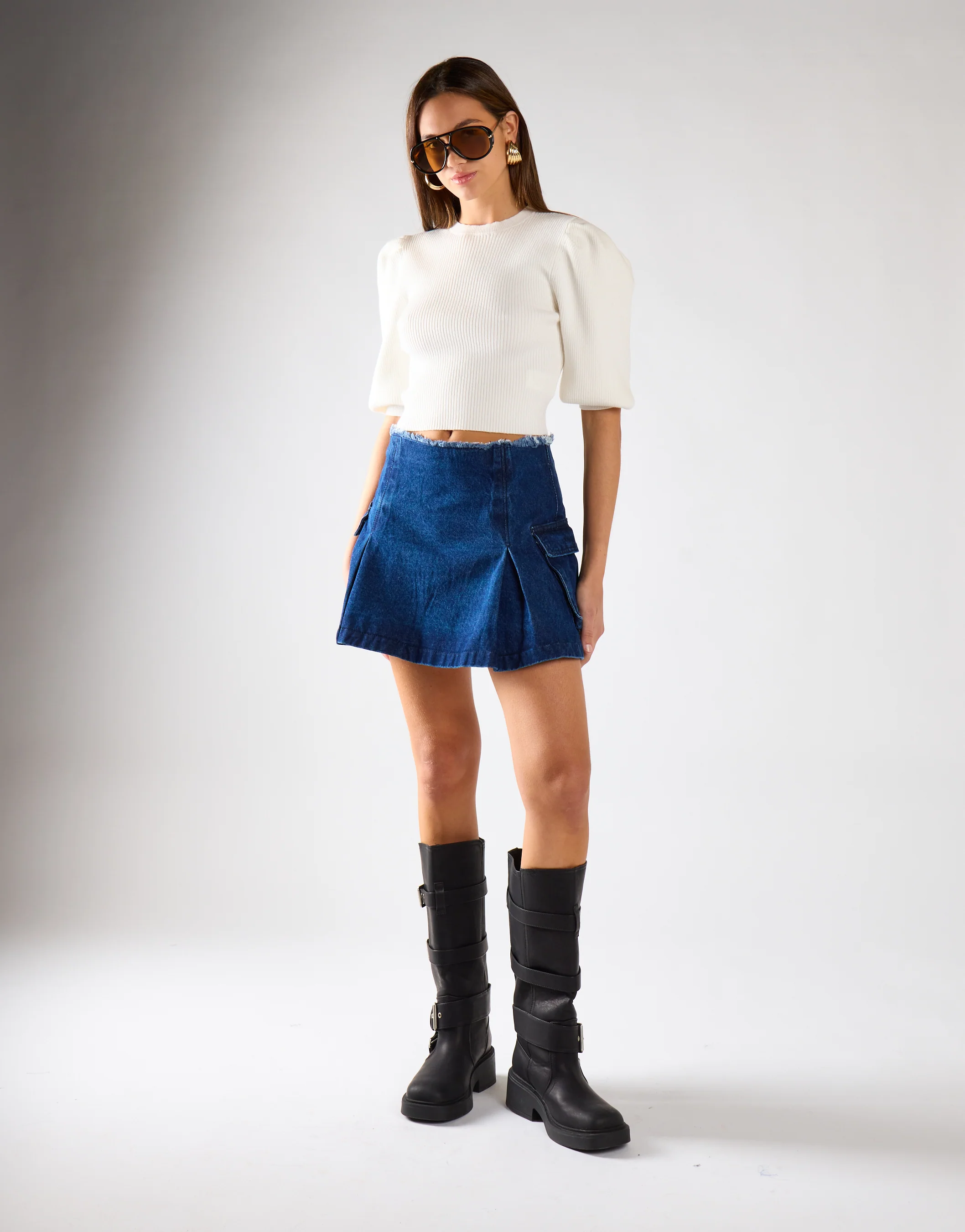 Indigo-Blue Denim Cargo Mini Skirt