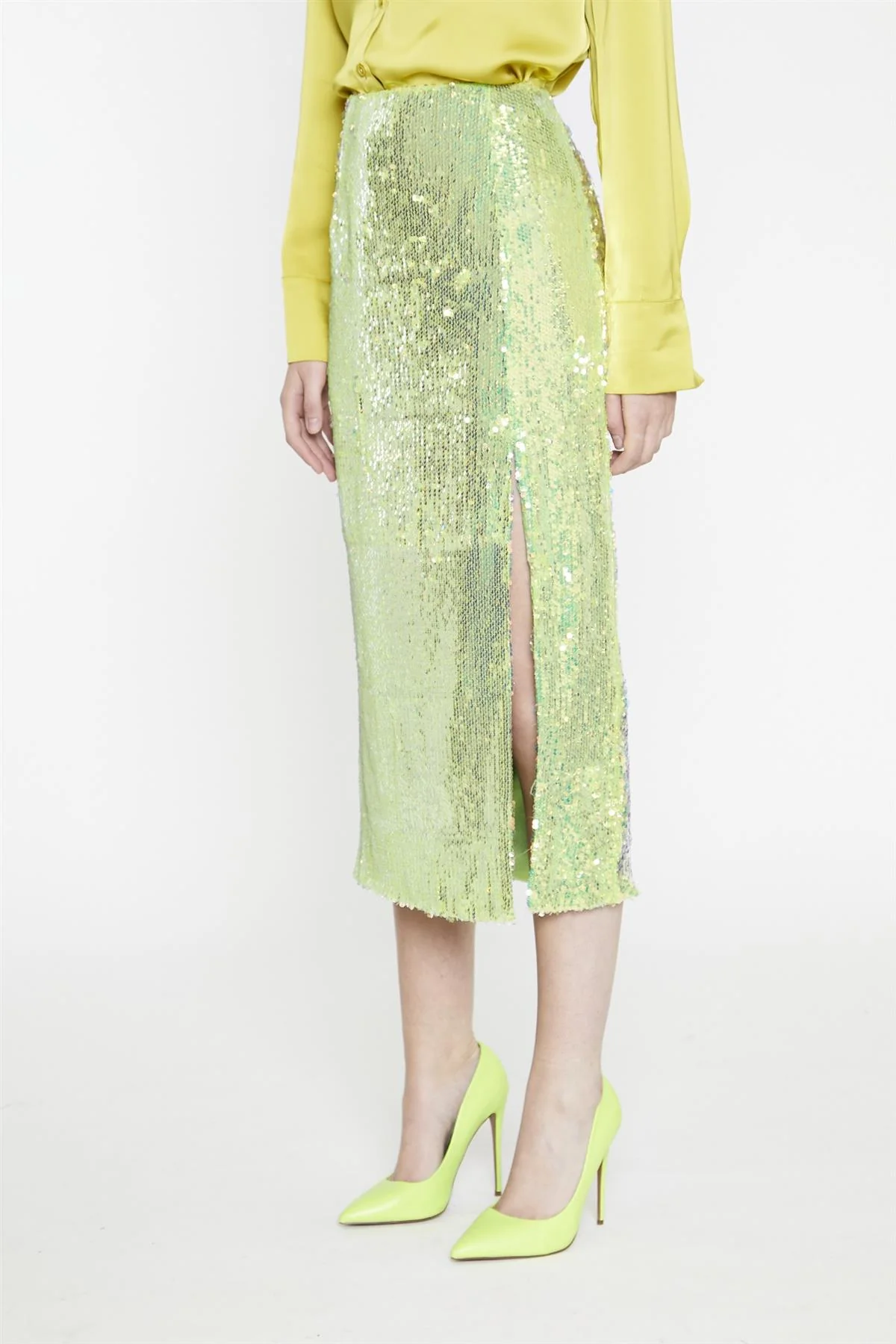 Iridescent-Lime-Sequin Side-Split Midi-Skirt - Image 4