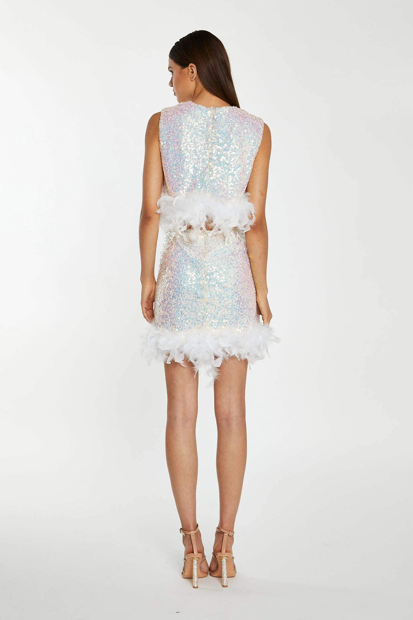 Iridescent-Sequin White Feather Trim Crop-Top - Image 2