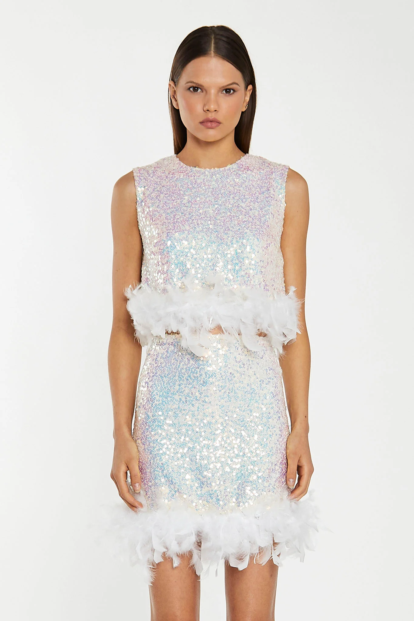 Iridescent-Sequin White Feather Trim Crop-Top - Image 3