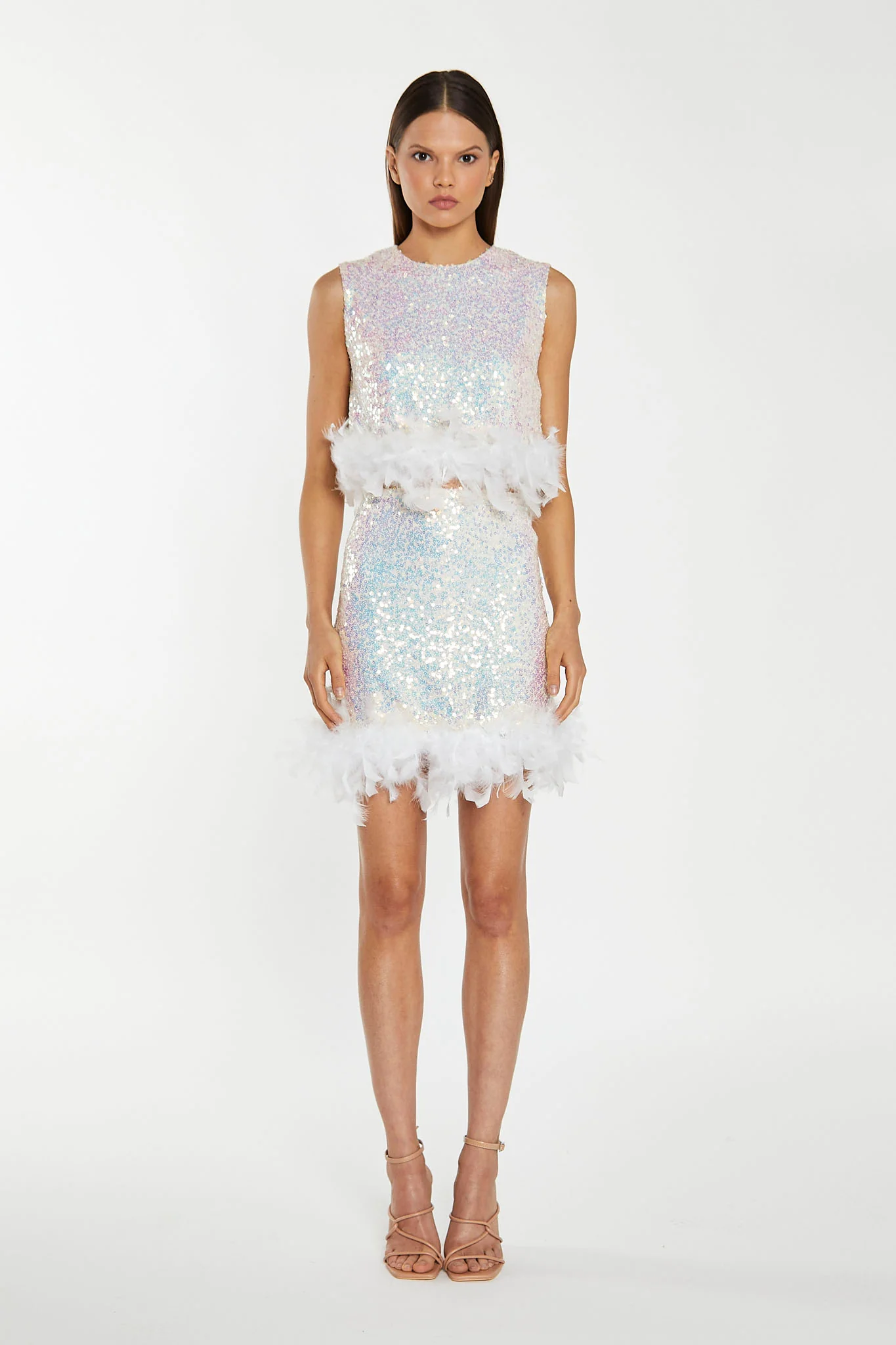 Iridescent-Sequin White Feather Trim Crop-Top - Image 4