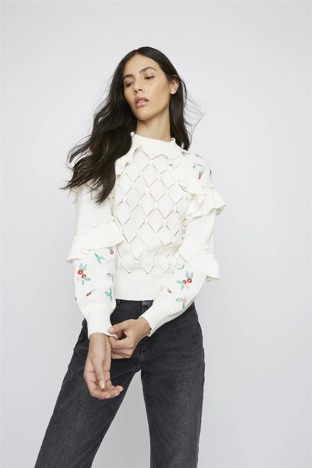Ivory Ruffle-Mini-Floral Long Sleeve-Jumper - Image 3