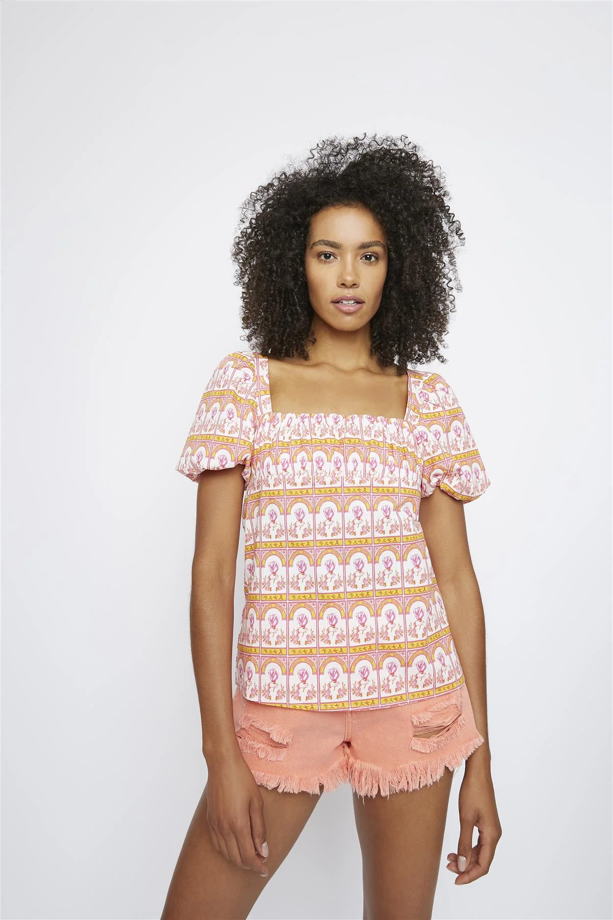 Japanese-Stamp-Print Square-Neck short-sleeve-top - Image 3