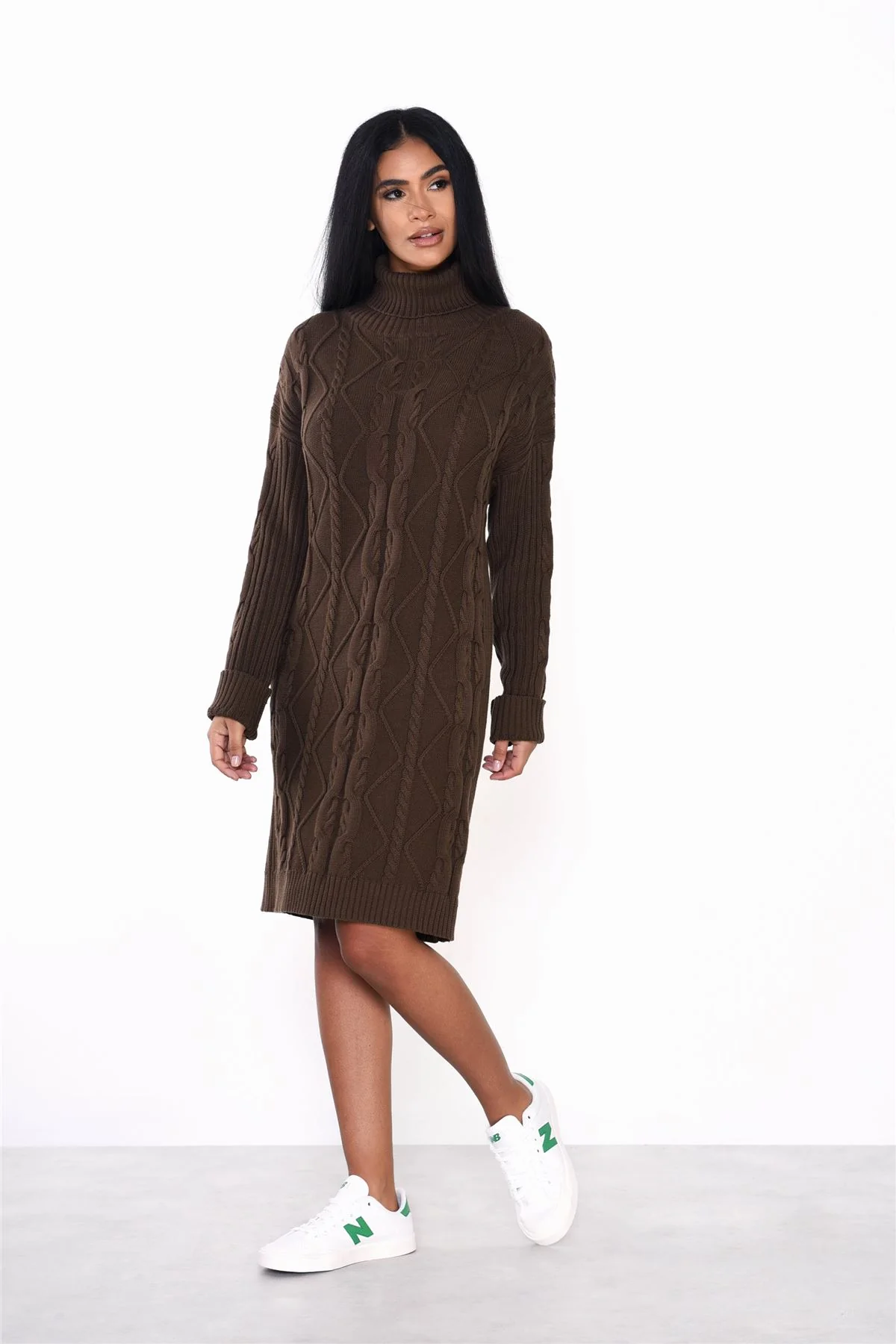 Khaki Brown Sweater Mini-Dress - Image 3