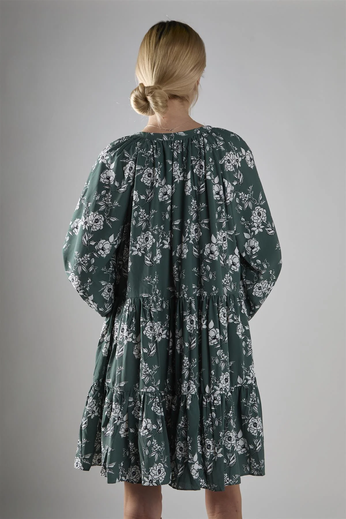 Khaki White Floral Poplin Tiered Mini-Dress - Image 2