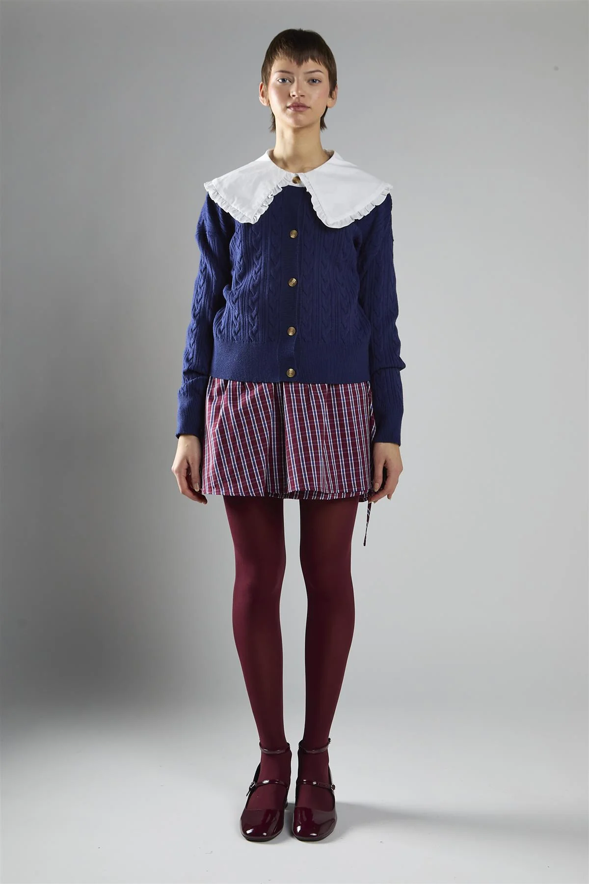 Knitted Cardigan With Frill Collar in Navy White