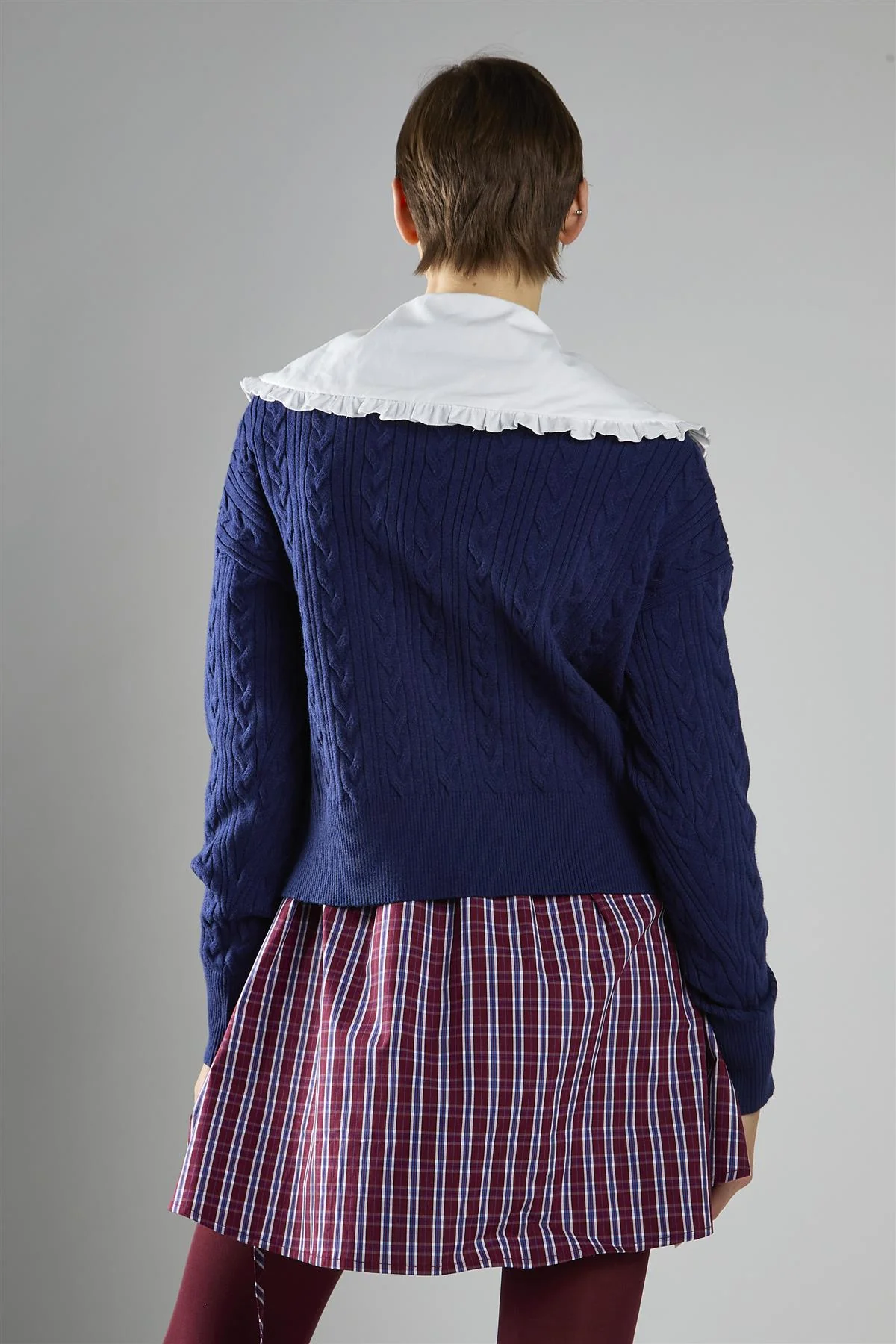 Knitted Cardigan With Frill Collar in Navy White - Image 2