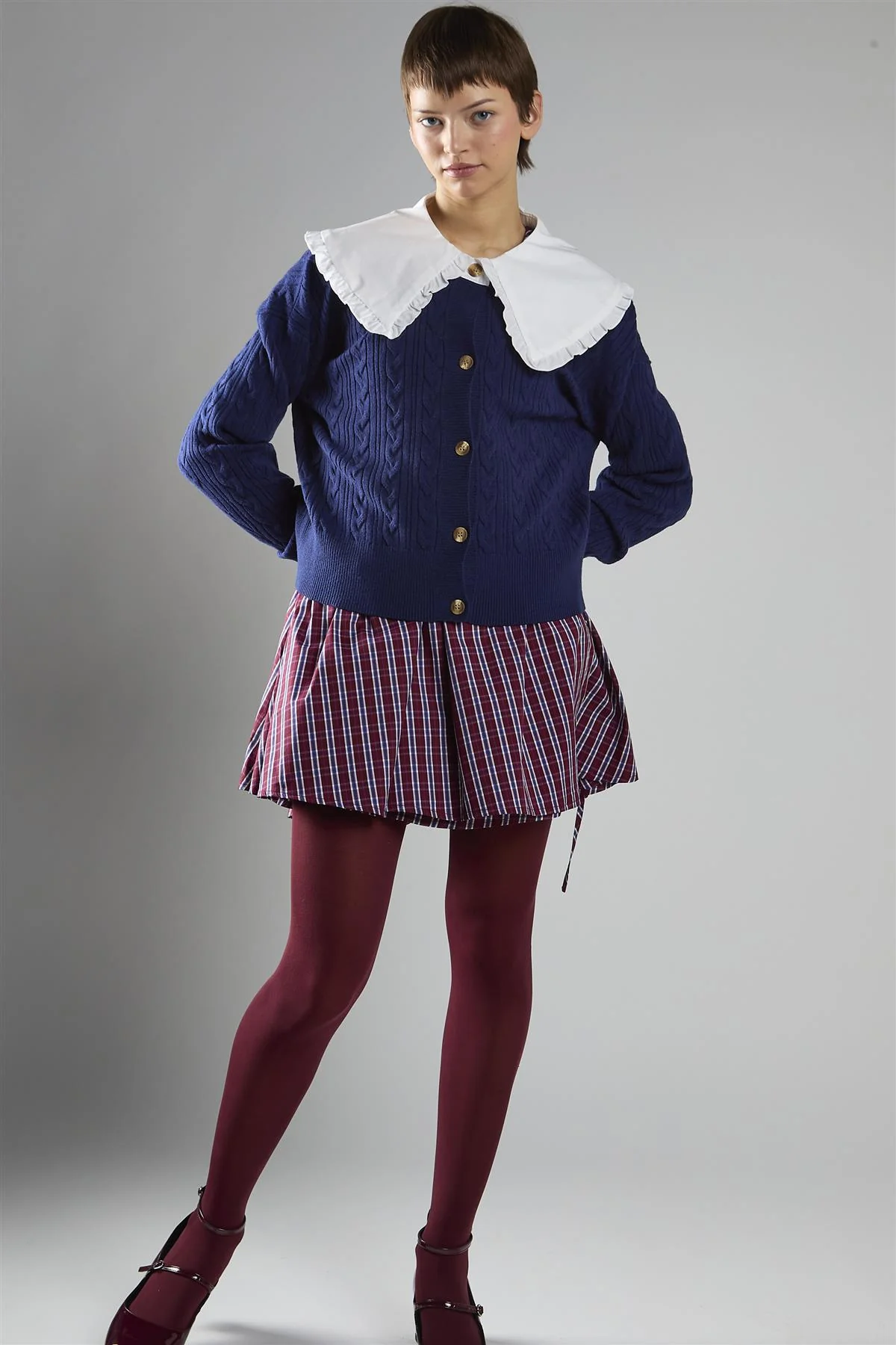 Knitted Cardigan With Frill Collar in Navy White - Image 3