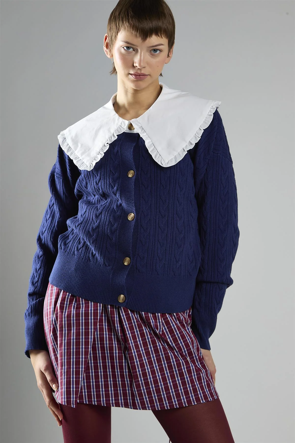 Knitted Cardigan With Frill Collar in Navy White - Image 5