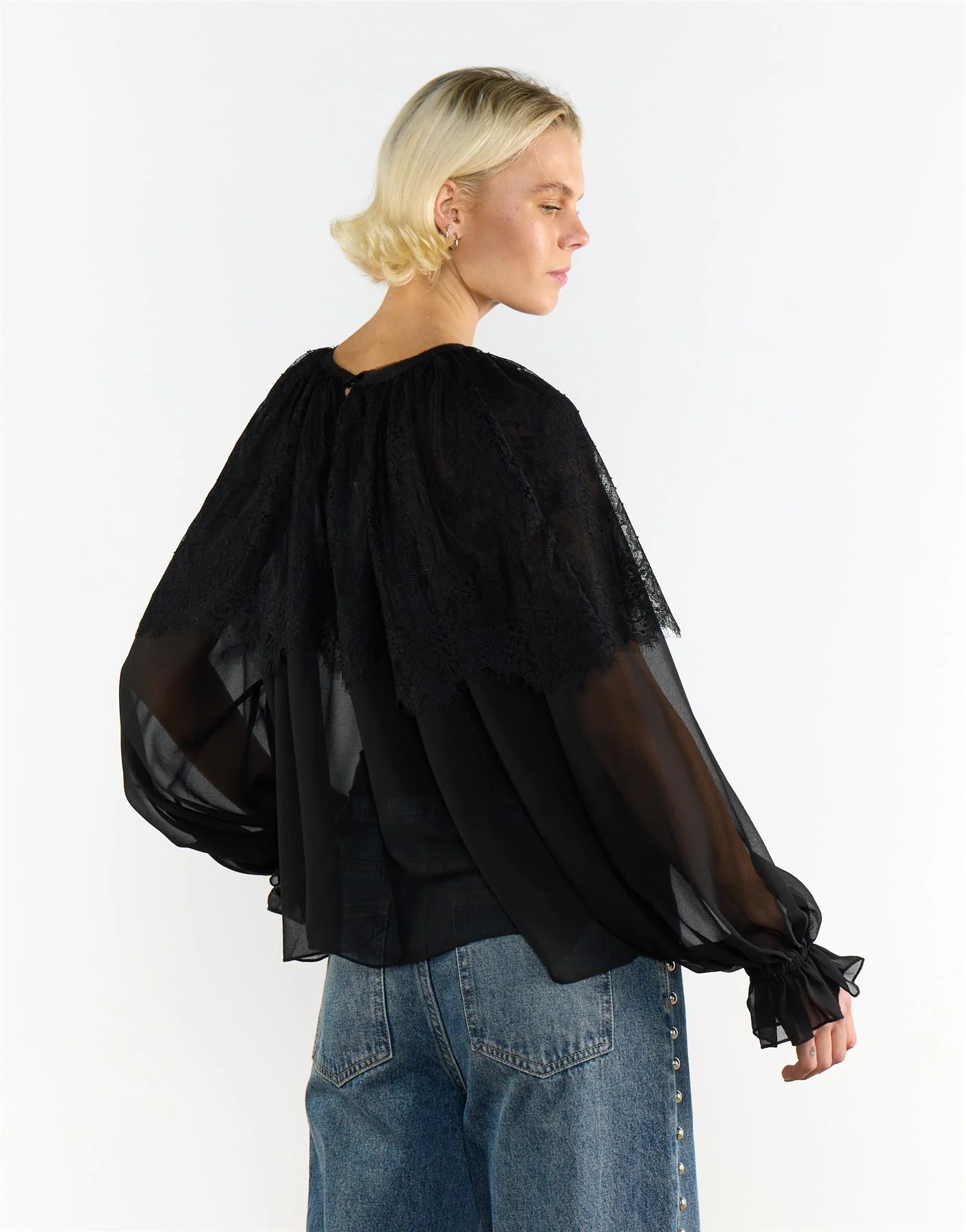 Lace Details Cape Blouse - Black - Image 3