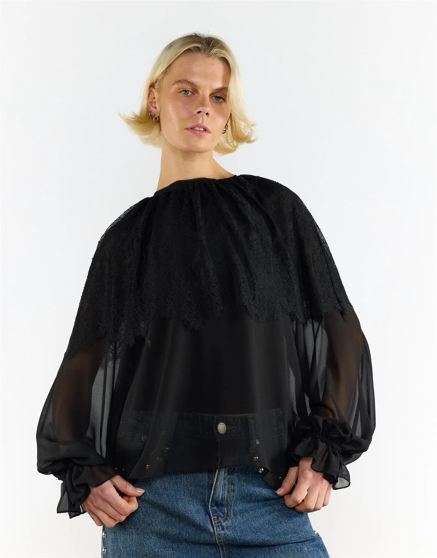 Lace Details Cape Blouse - Black - Image 4