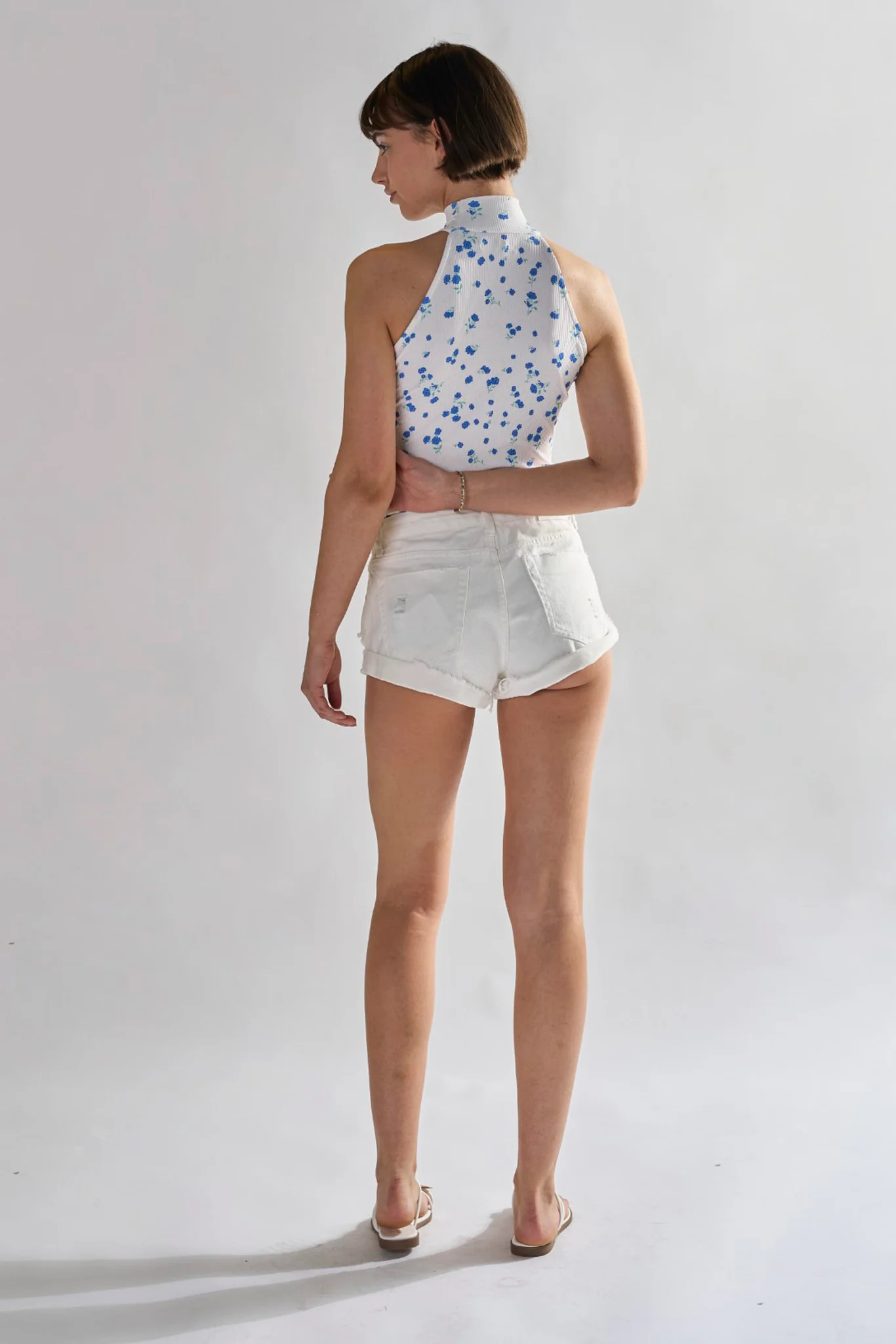 Glamorous White Blue Ditsy Rib Bodysuit - Image 2