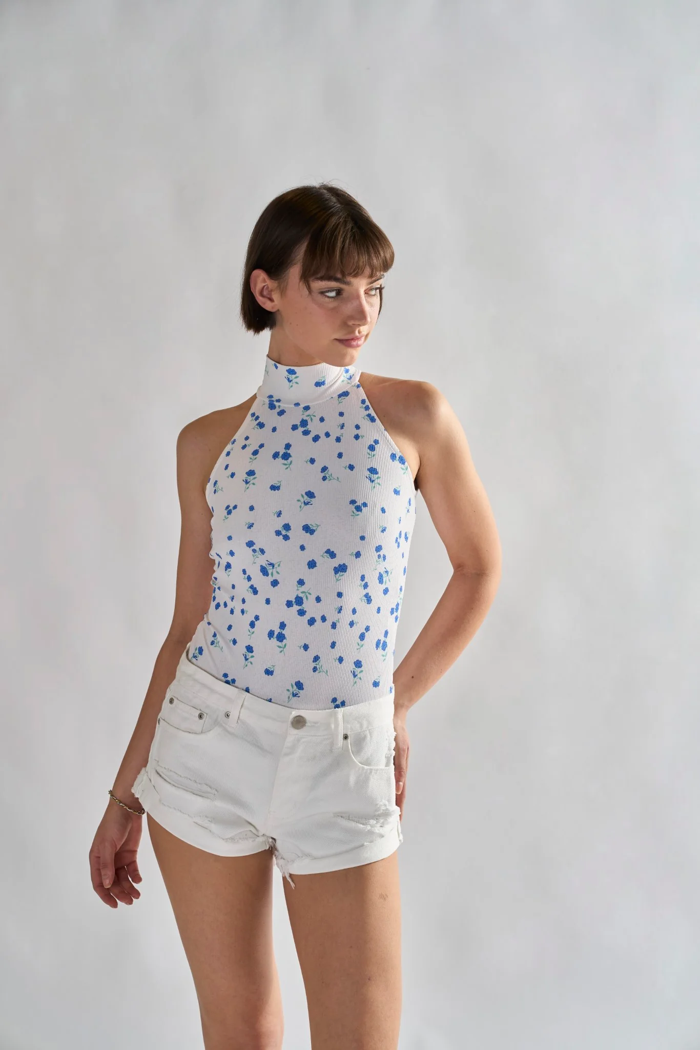 Glamorous White Blue Ditsy Rib Bodysuit - Image 3