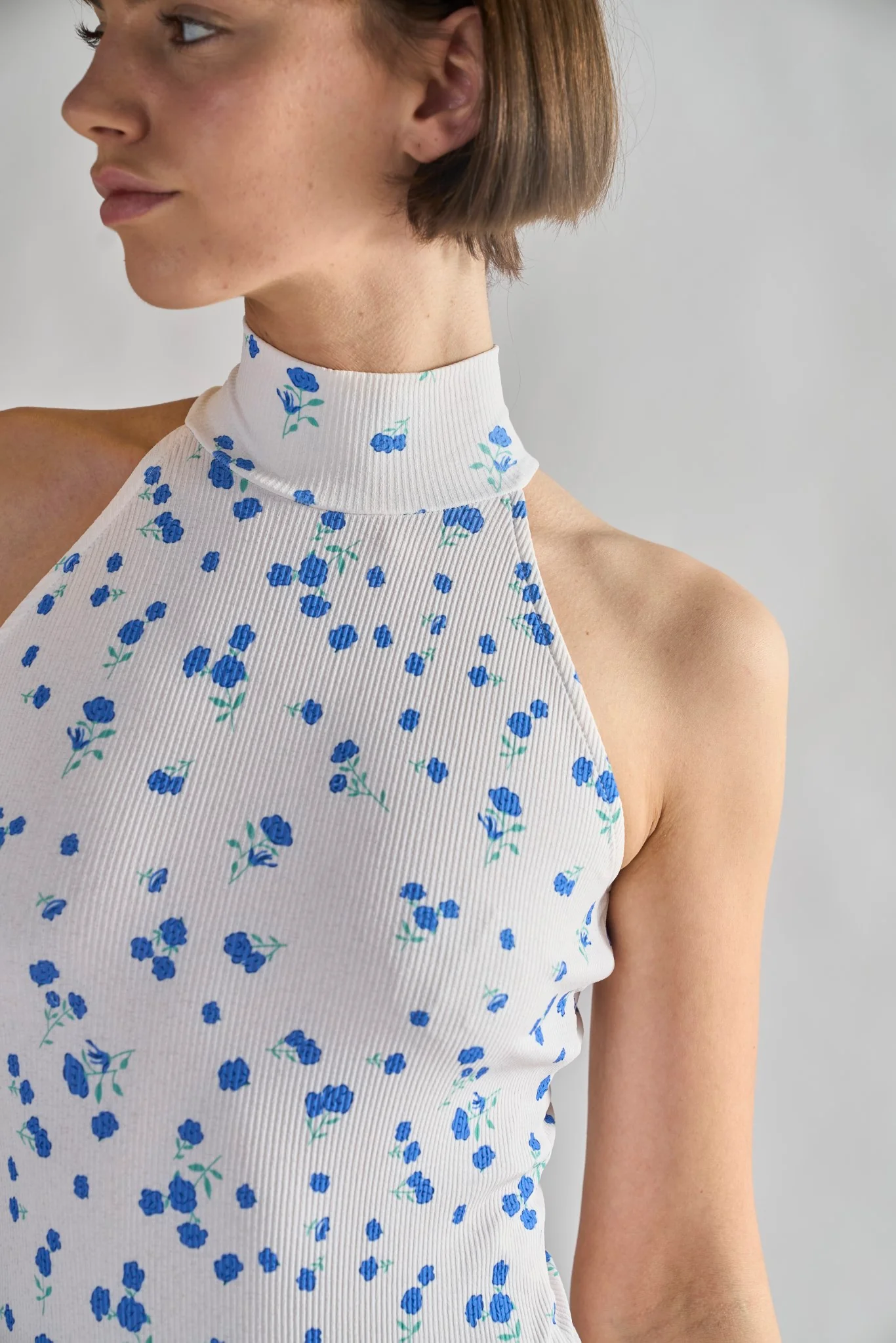 Glamorous White Blue Ditsy Rib Bodysuit - Image 4