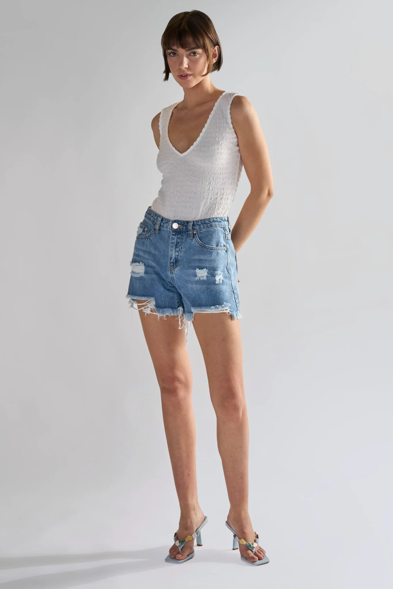 Glamorous White Textured V- Neck Bodysuit