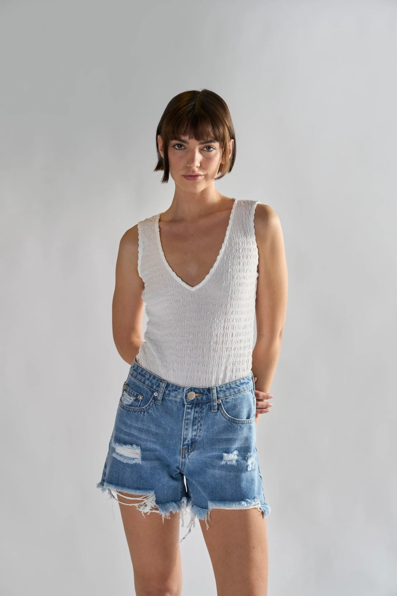 Glamorous White Textured V- Neck Bodysuit - Image 3