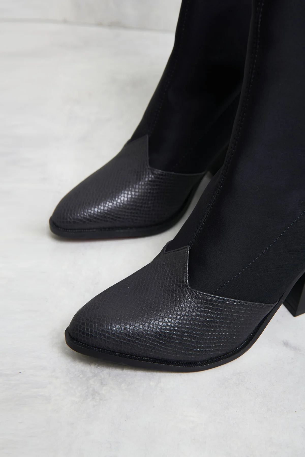 Glamorous Western Material Mix Sock Boots - Image 2
