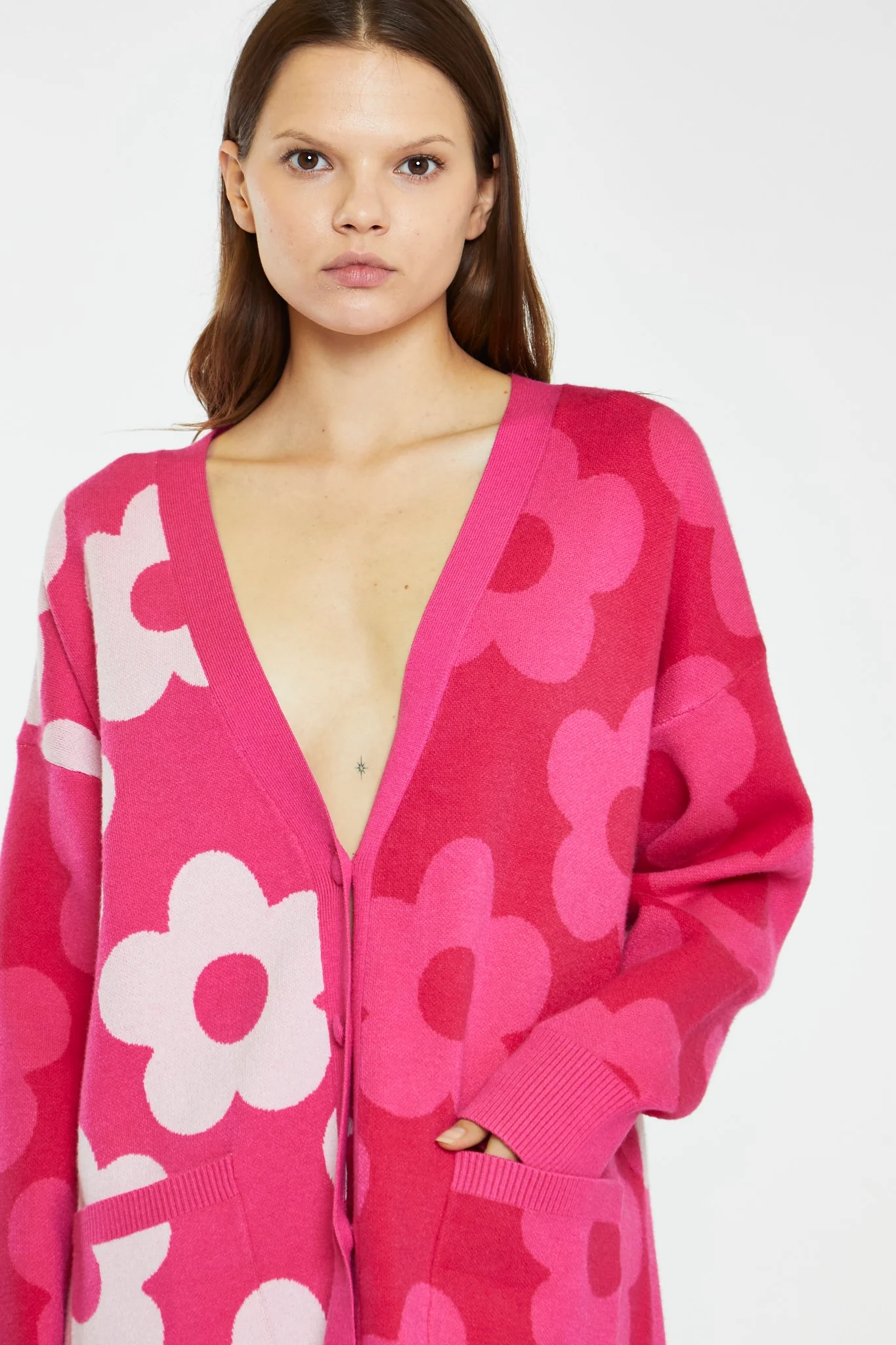 Large Pink Flower Long-Line Cardigan - Image 3