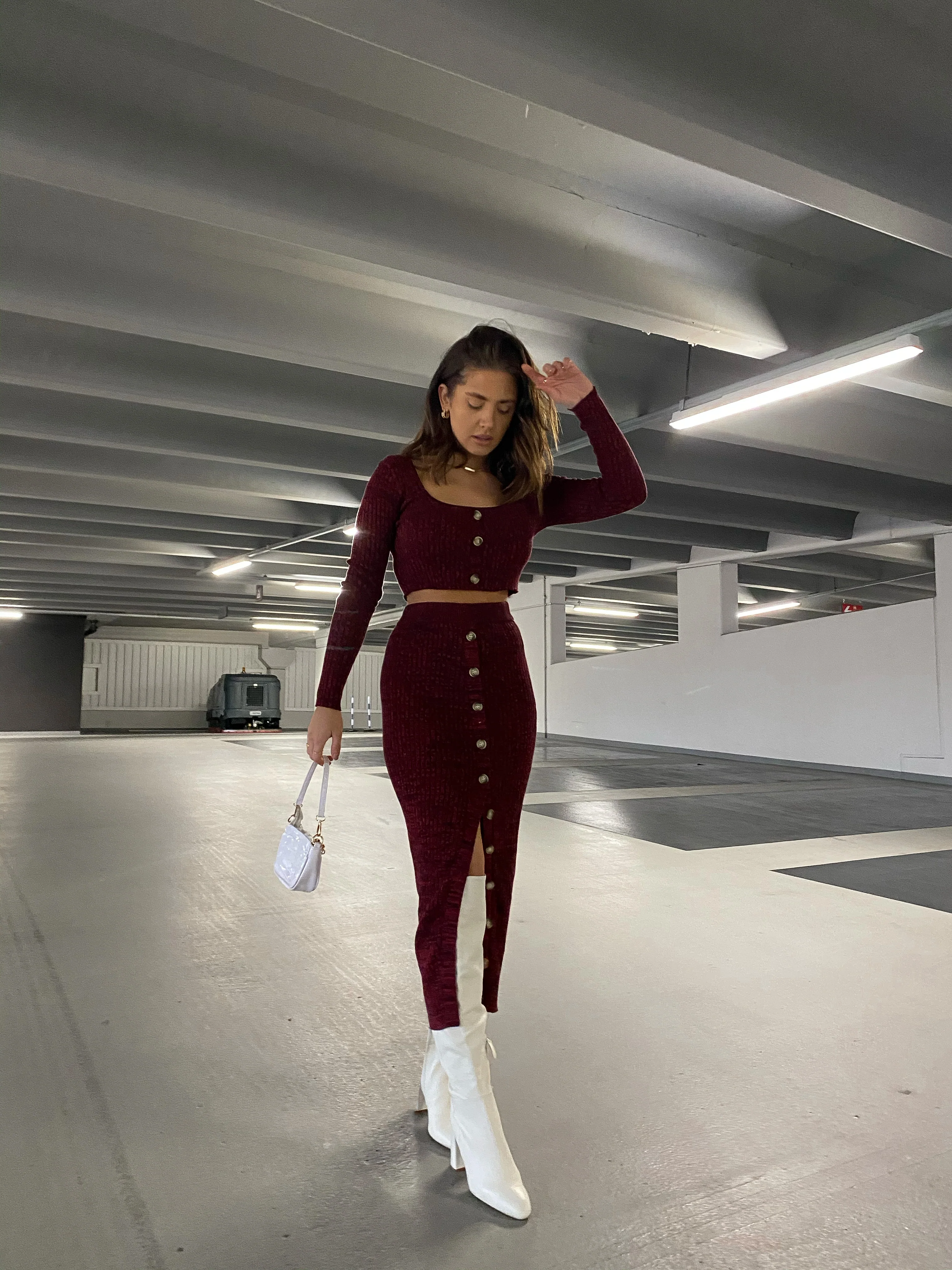 Glamorous Care Plum Melange Button Front Long Sleeve Crop Top - Image 2