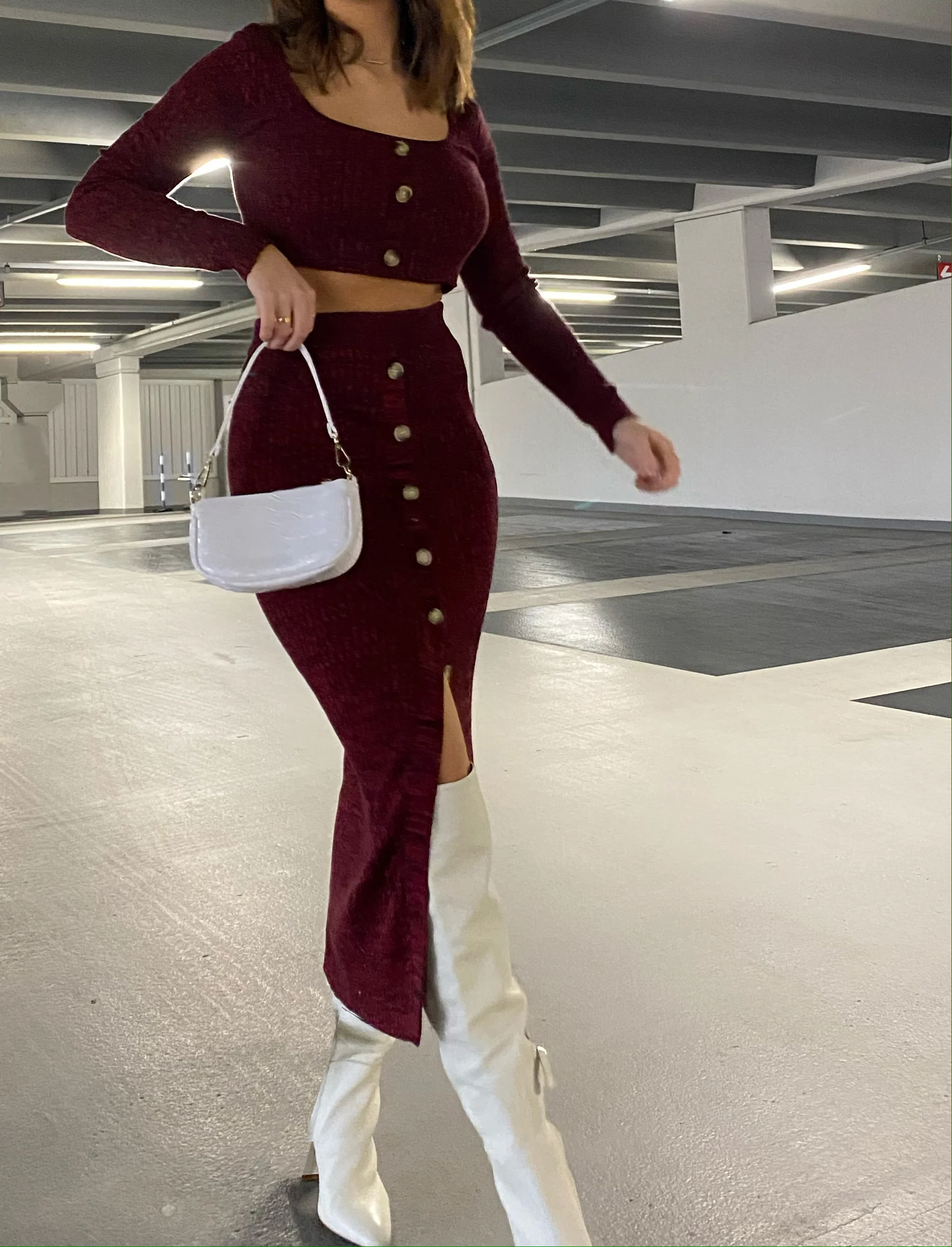 Glamorous Care Plum Melange Button Front Long Sleeve Crop Top - Image 3