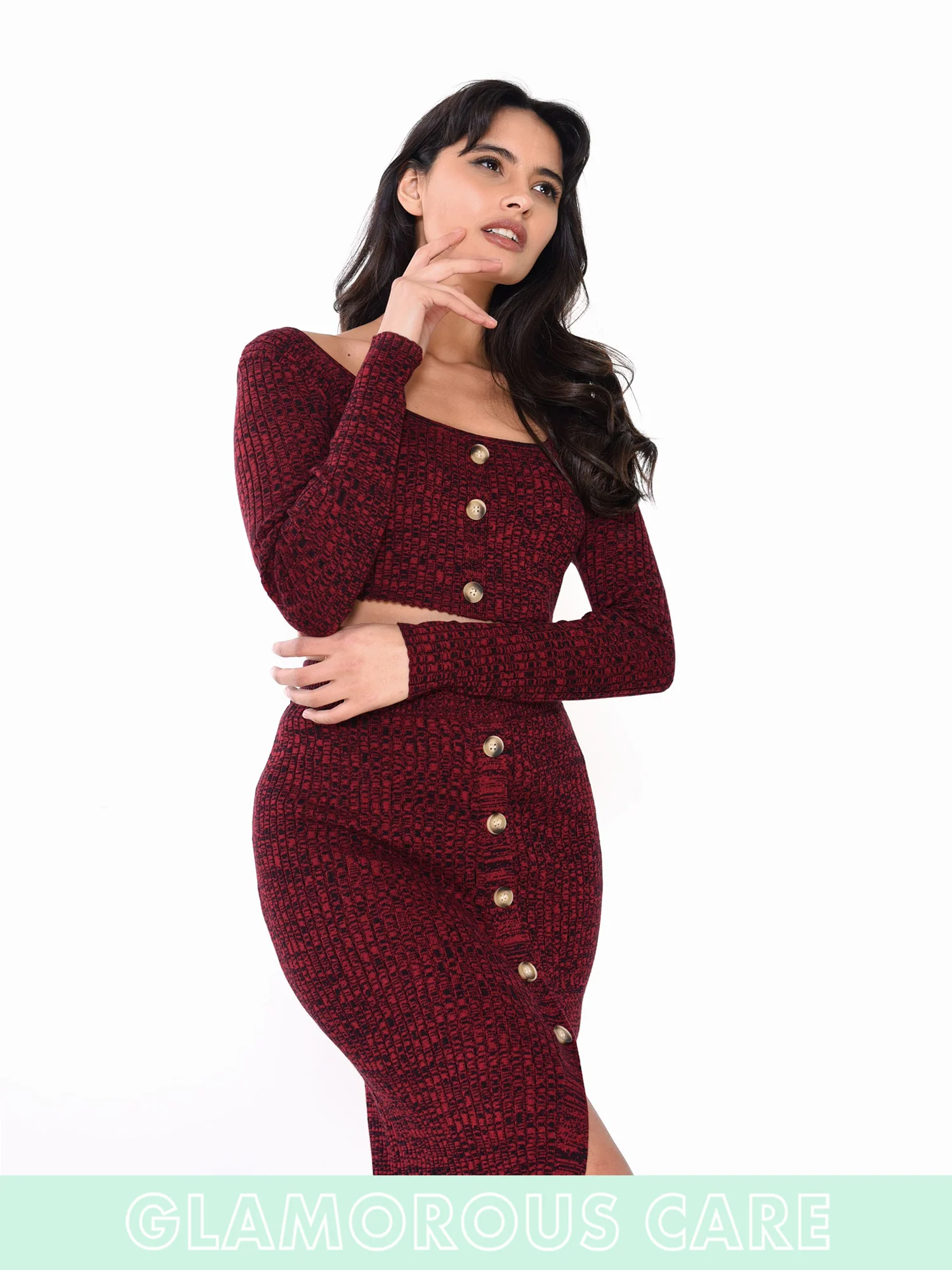 Glamorous Care Plum Melange Button Front Long Sleeve Crop Top - Image 4