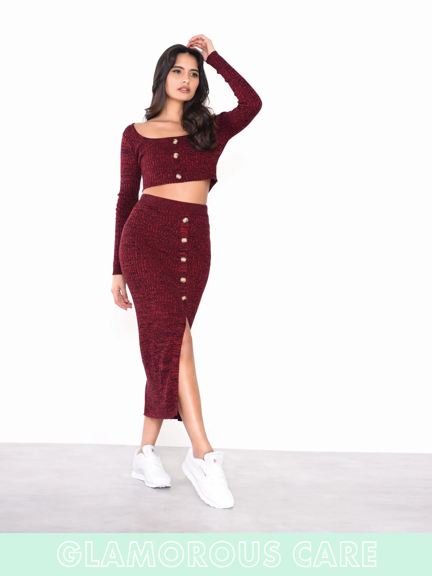 Glamorous Care Plum Melange Button Front Long Sleeve Crop Top - Image 6