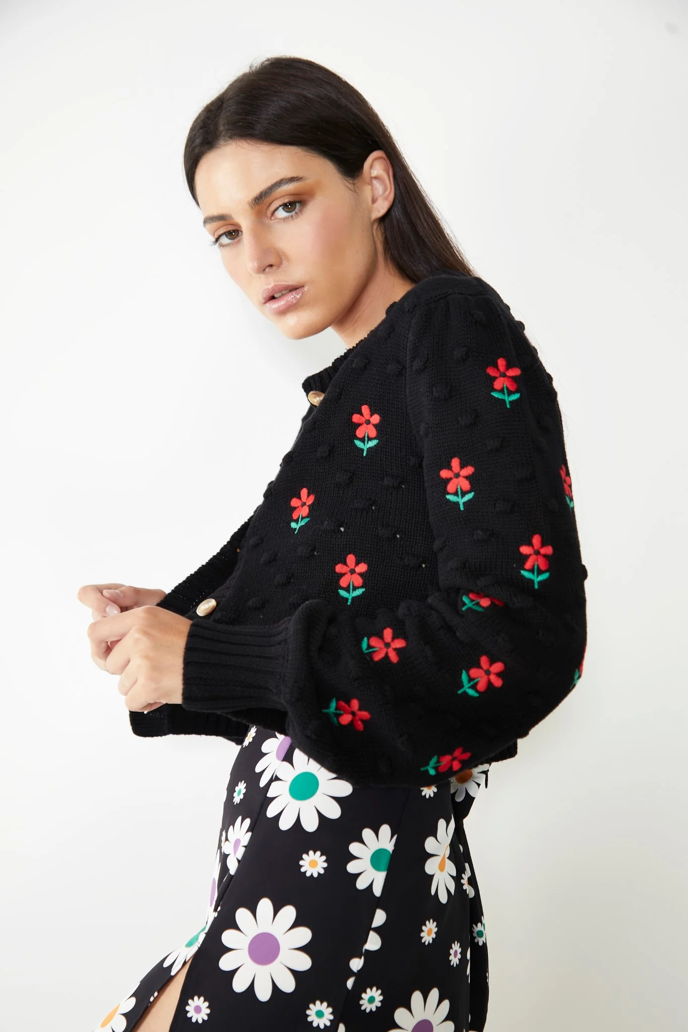 Glamorous Care Black Floral Button Up Cardigan - Image 4