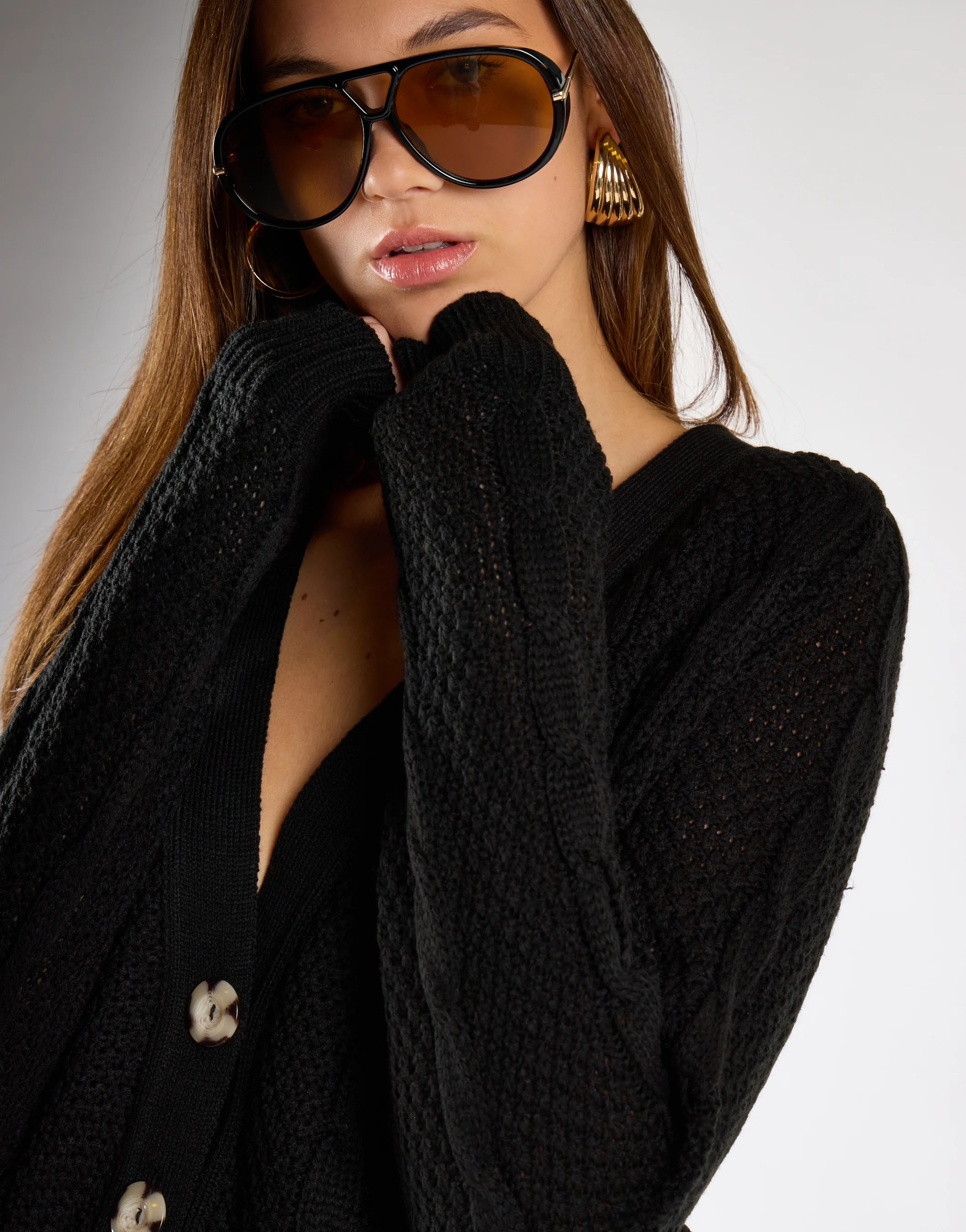Black Button Down Cable Knit Cardigan - Image 4