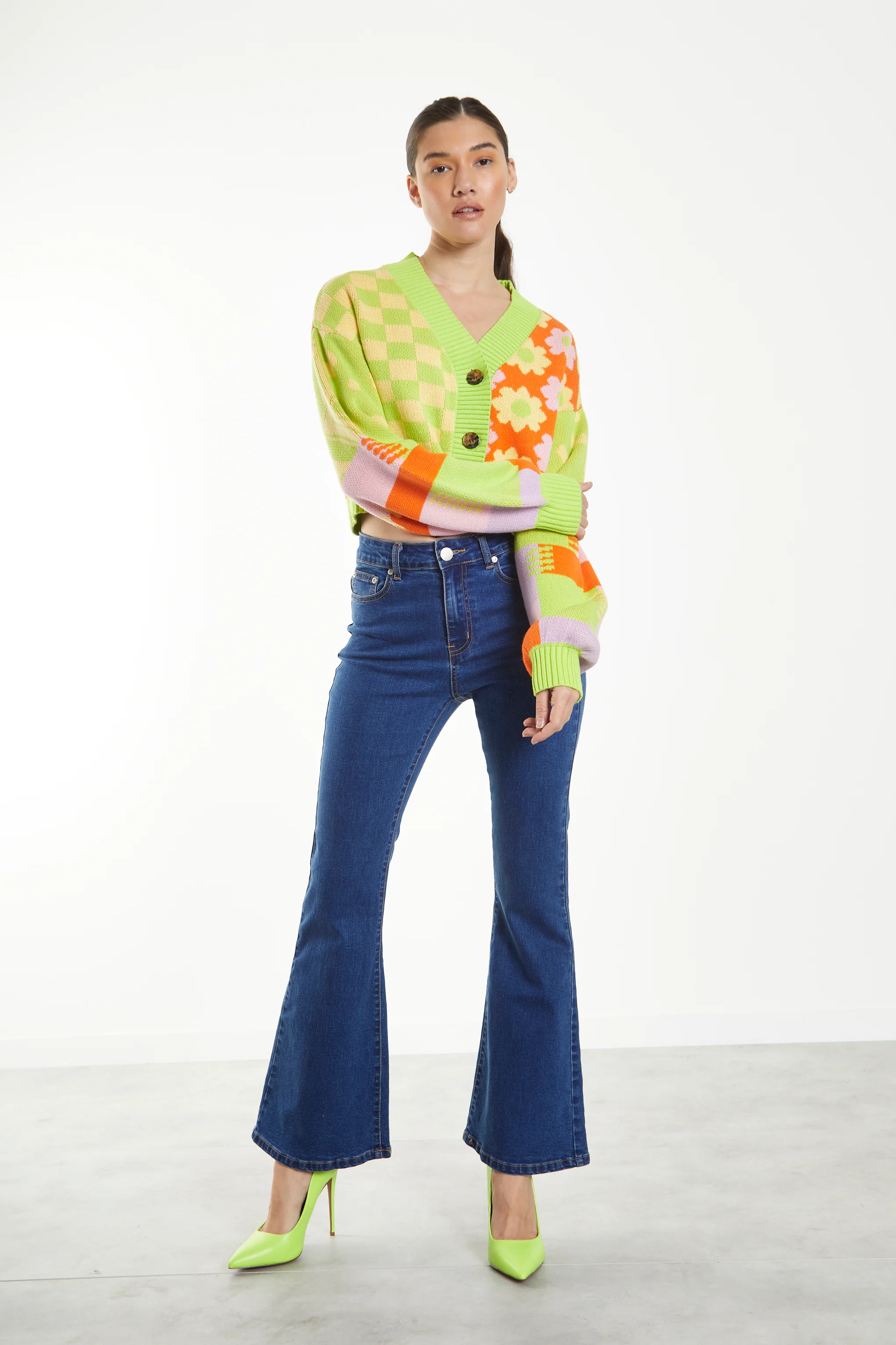 Glamorous Green Orange Multi Knit Cardigan - Image 4