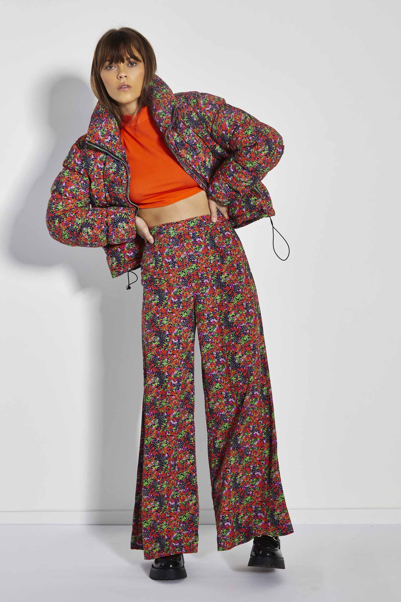 Glamorous Care Purple Orange Ditsy Padded Puffer Coat - Image 3