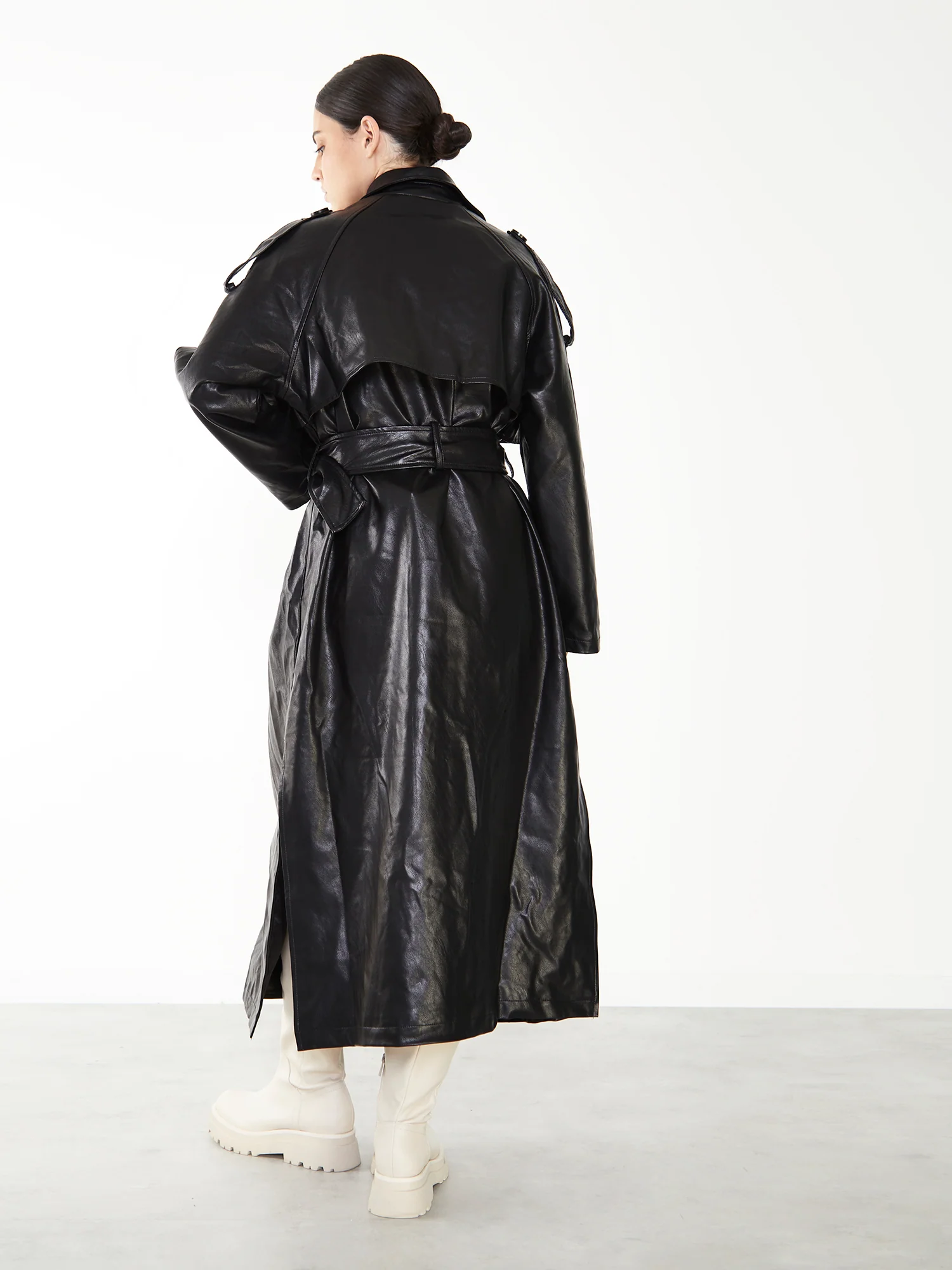 Glamorous Black Faux Leather Longline Trench Coat - Image 4