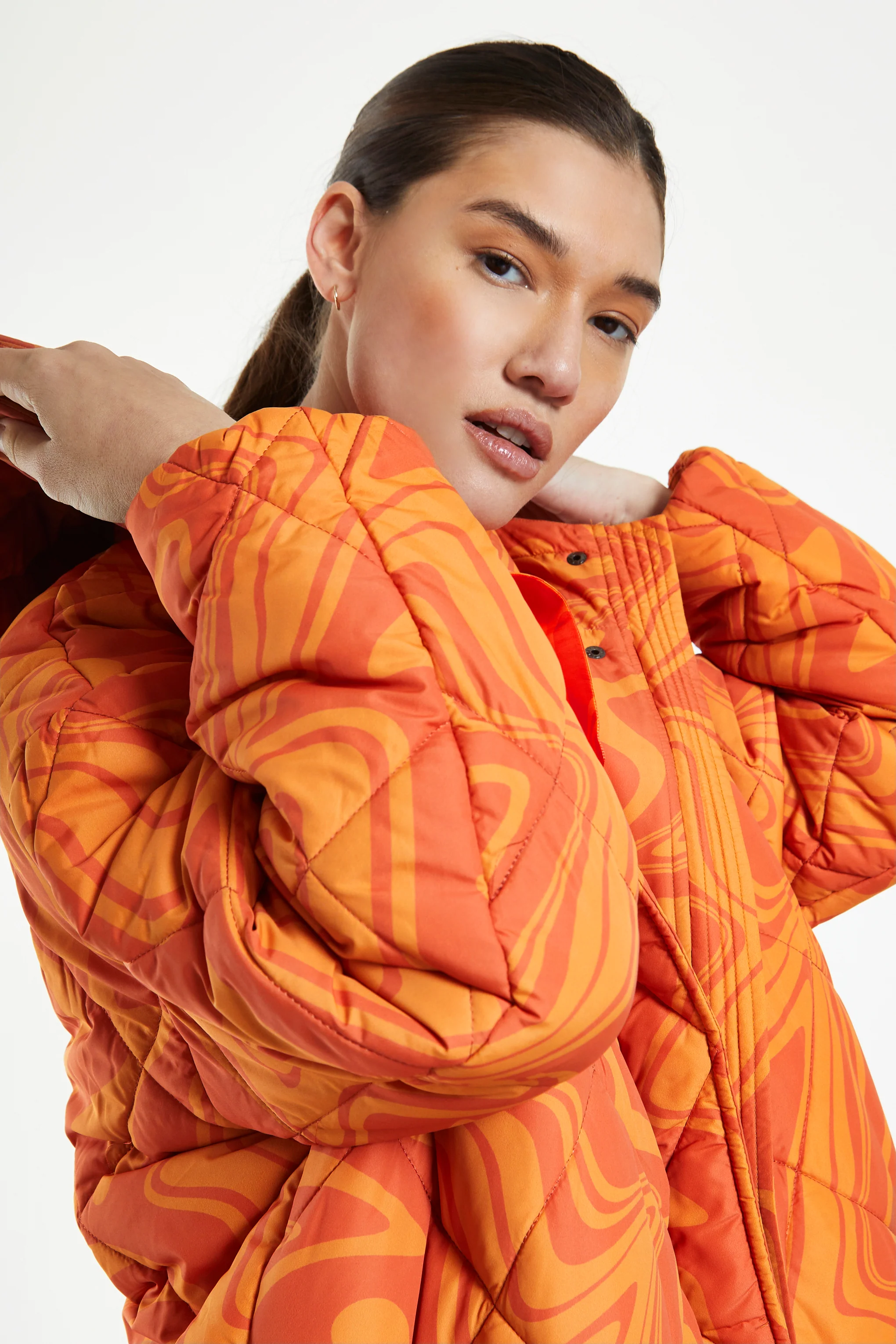Glamorous Orange Marble Quilted Longline Puffer Coat with Hood - Image 3