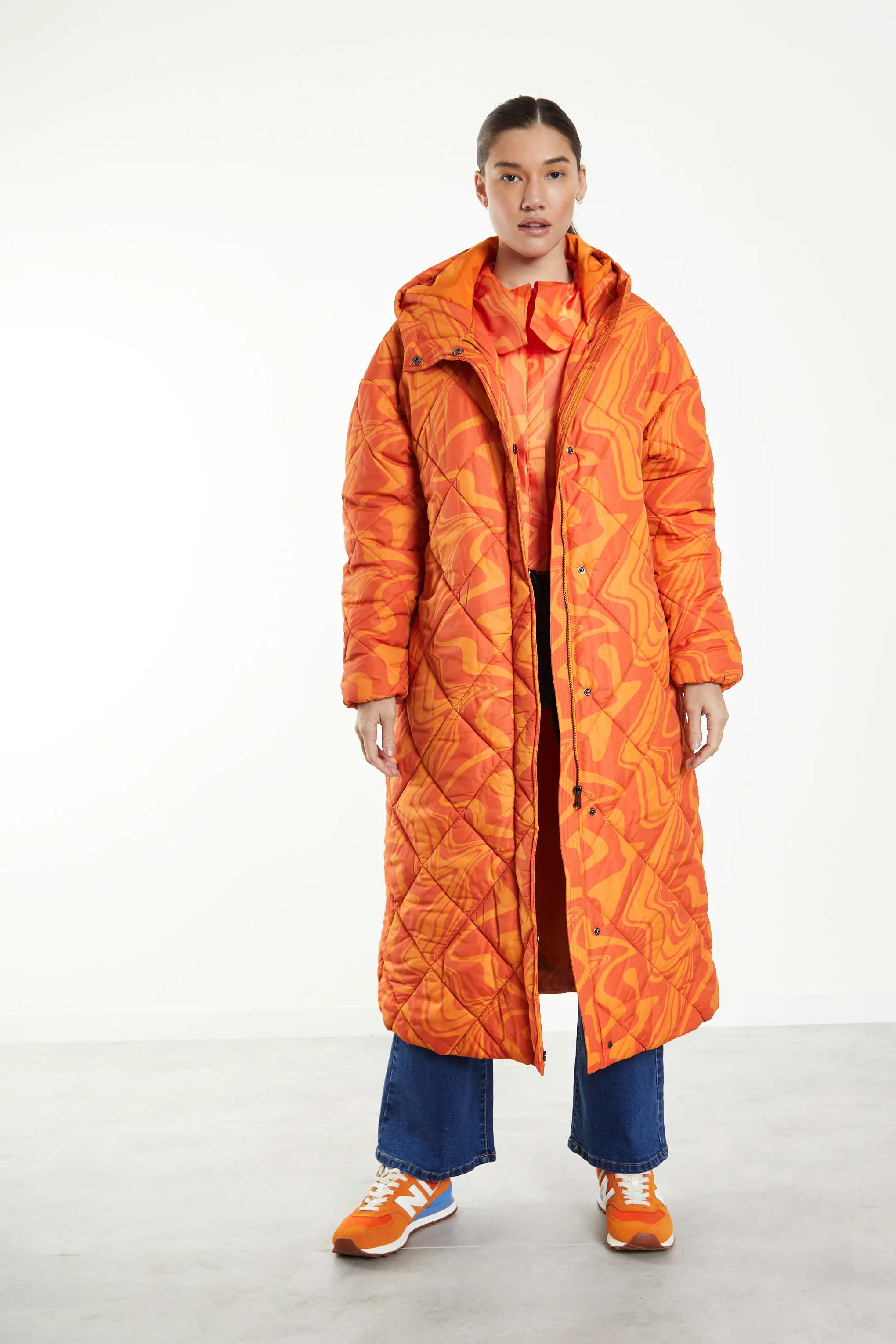 Glamorous Orange Marble Quilted Longline Puffer Coat with Hood - Image 4