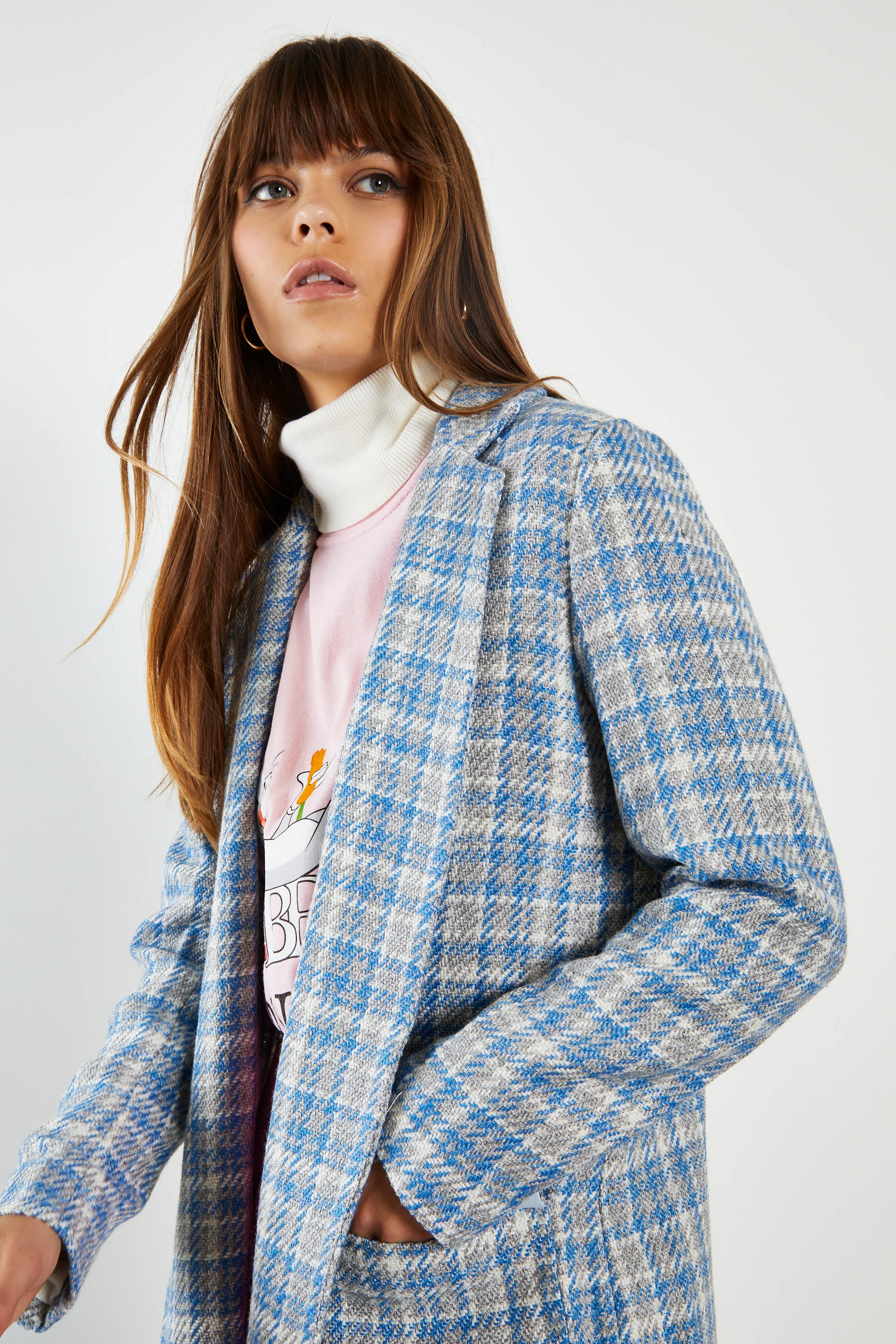 Glamorous Blue Grey Check Longline Coat with Front Pockets - Image 3
