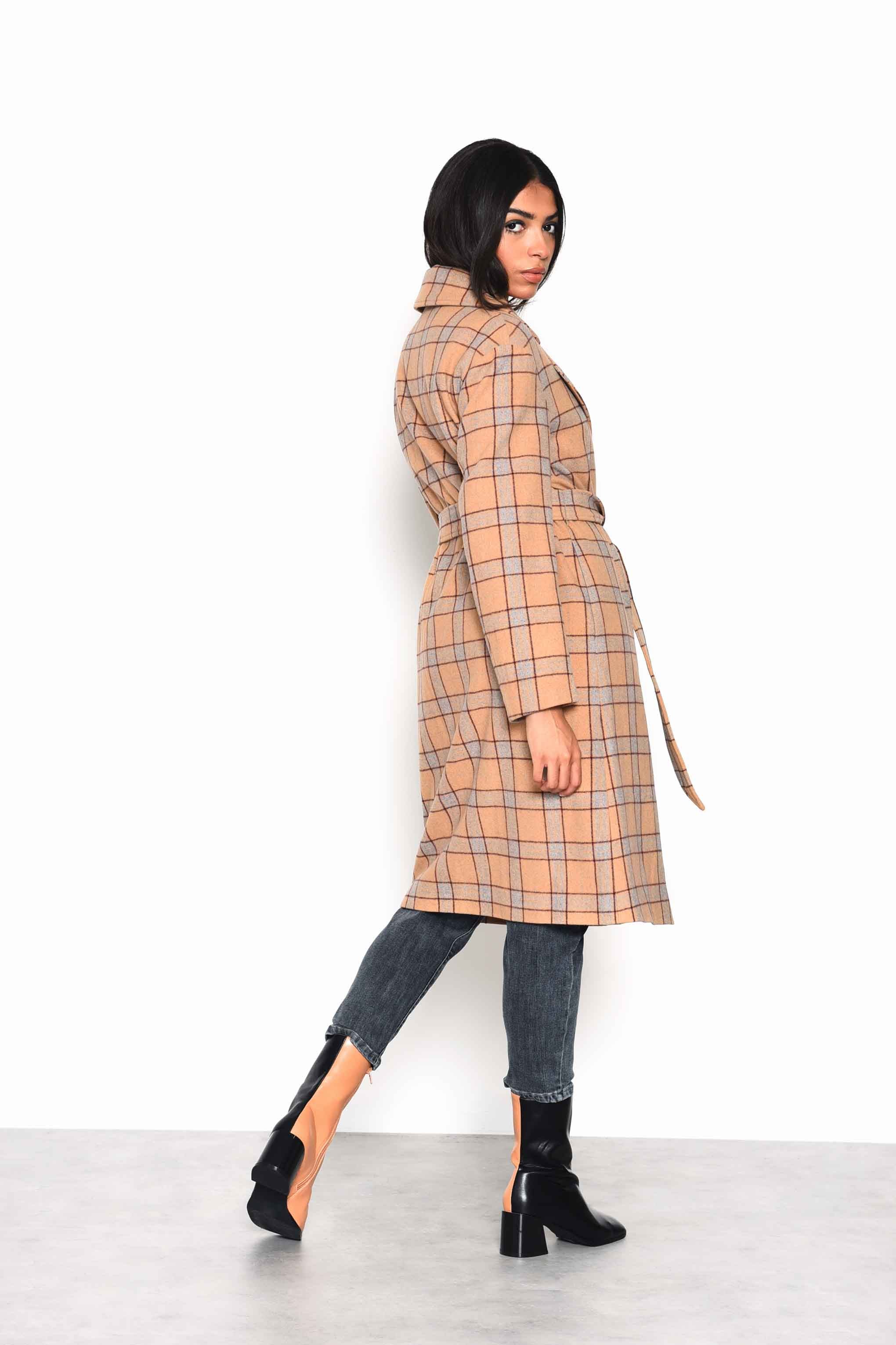 Glamorous Camel Multi Check Double Breasted Longline Coat with Waist belt - Image 2