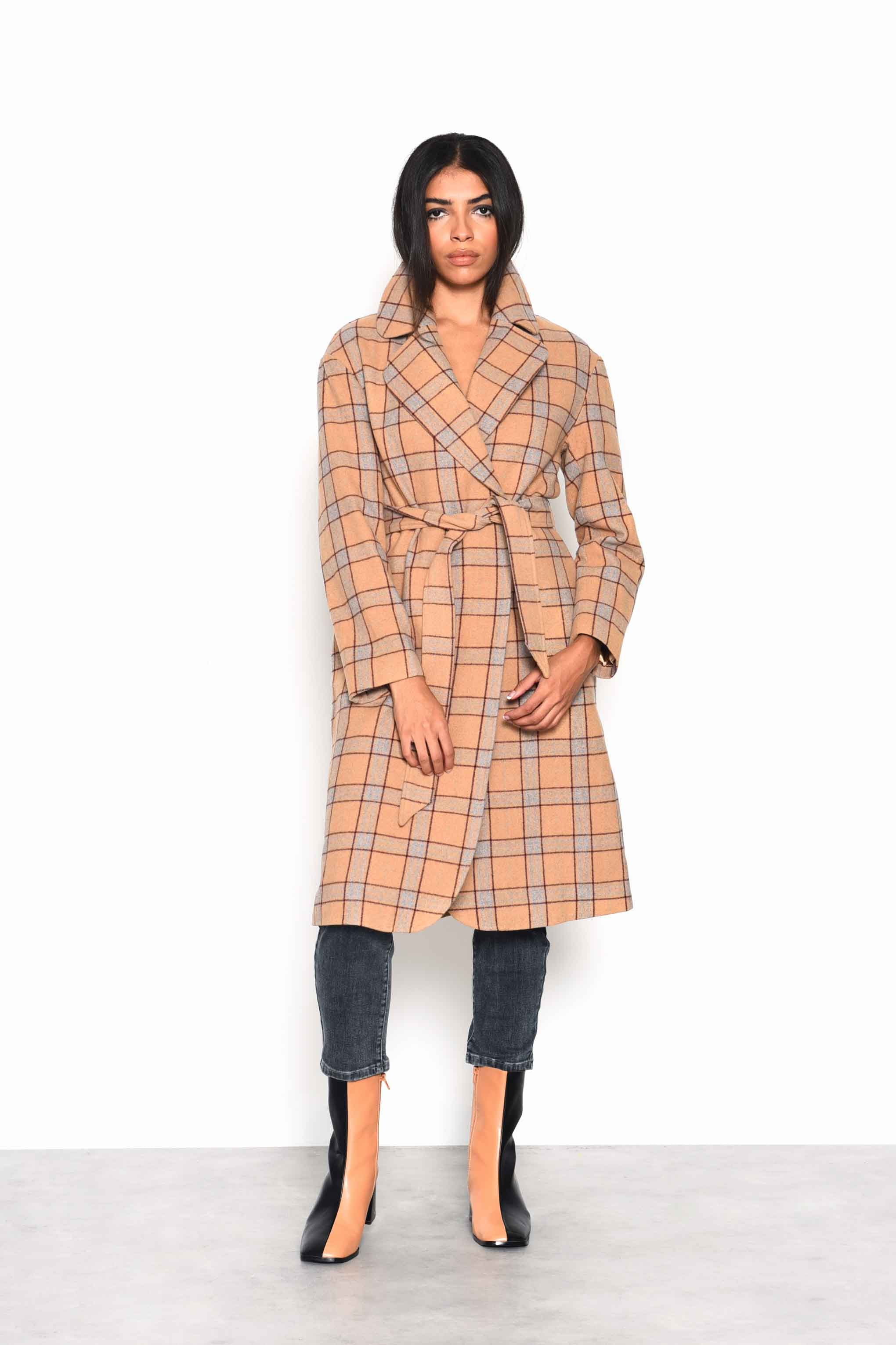 Glamorous Camel Multi Check Double Breasted Longline Coat with Waist belt - Image 3