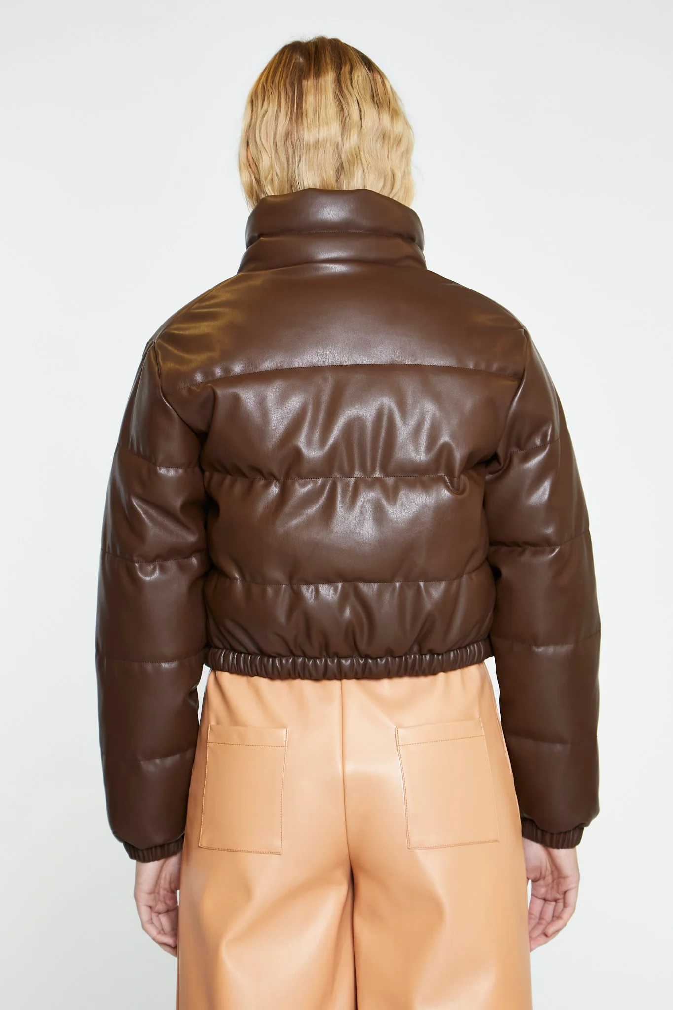Brown PU Puffer Cropped-Jacket - Image 2