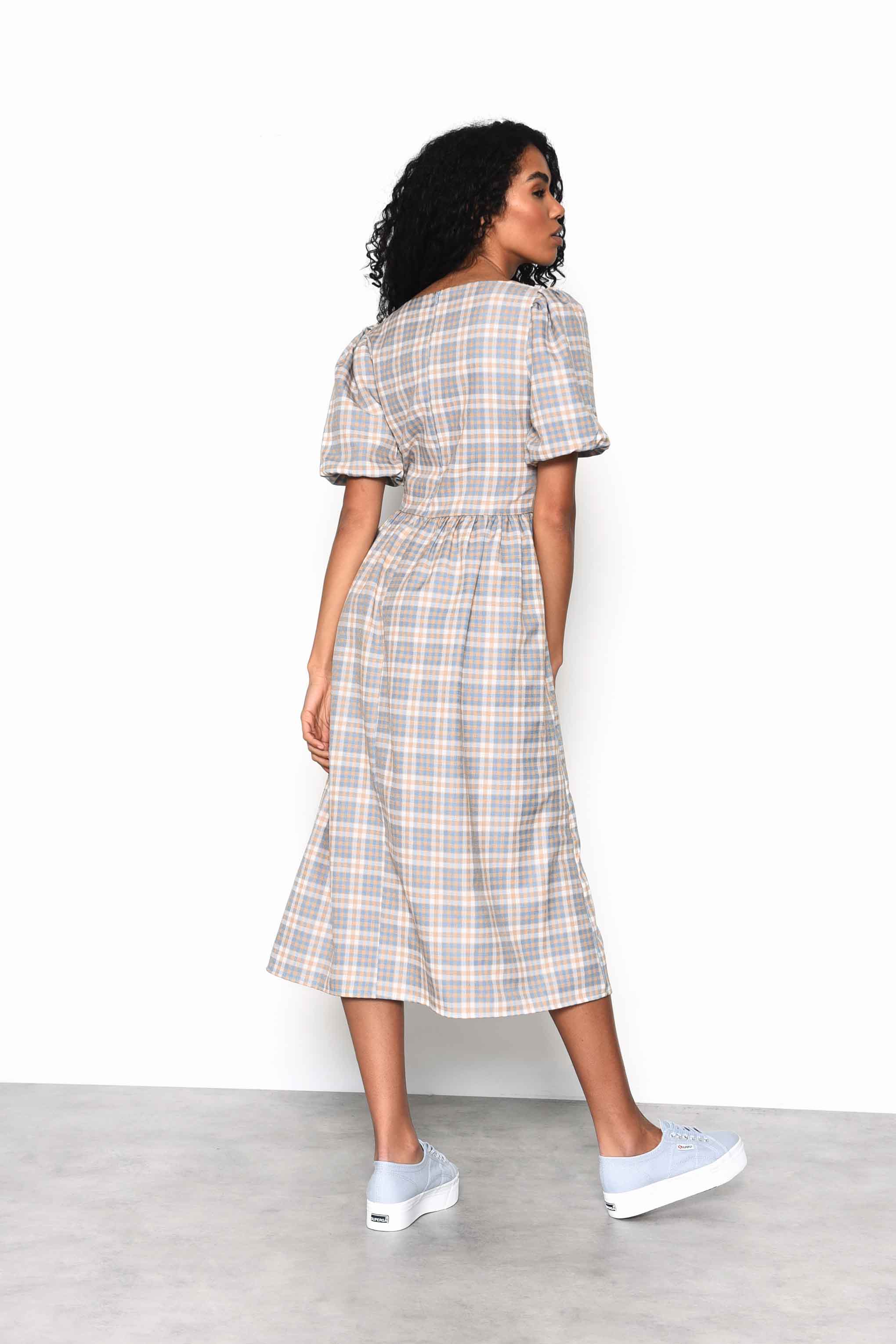 Glamorous Light Blue Multi Check Square Neck Puff Sleeve Midi Dress - Image 2