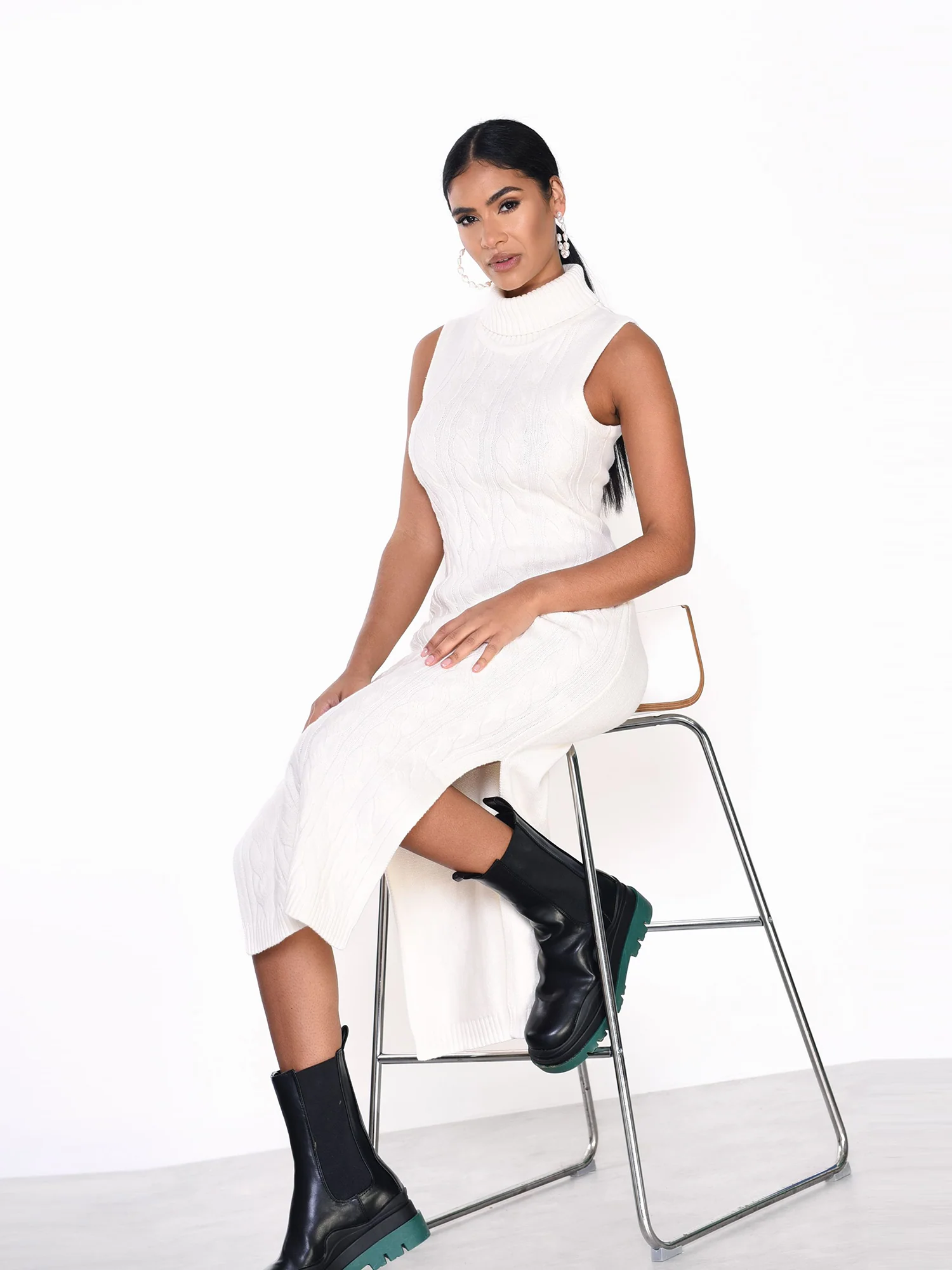 Glamorous Cream side Split High Neck Knit Midi Dress - Image 3