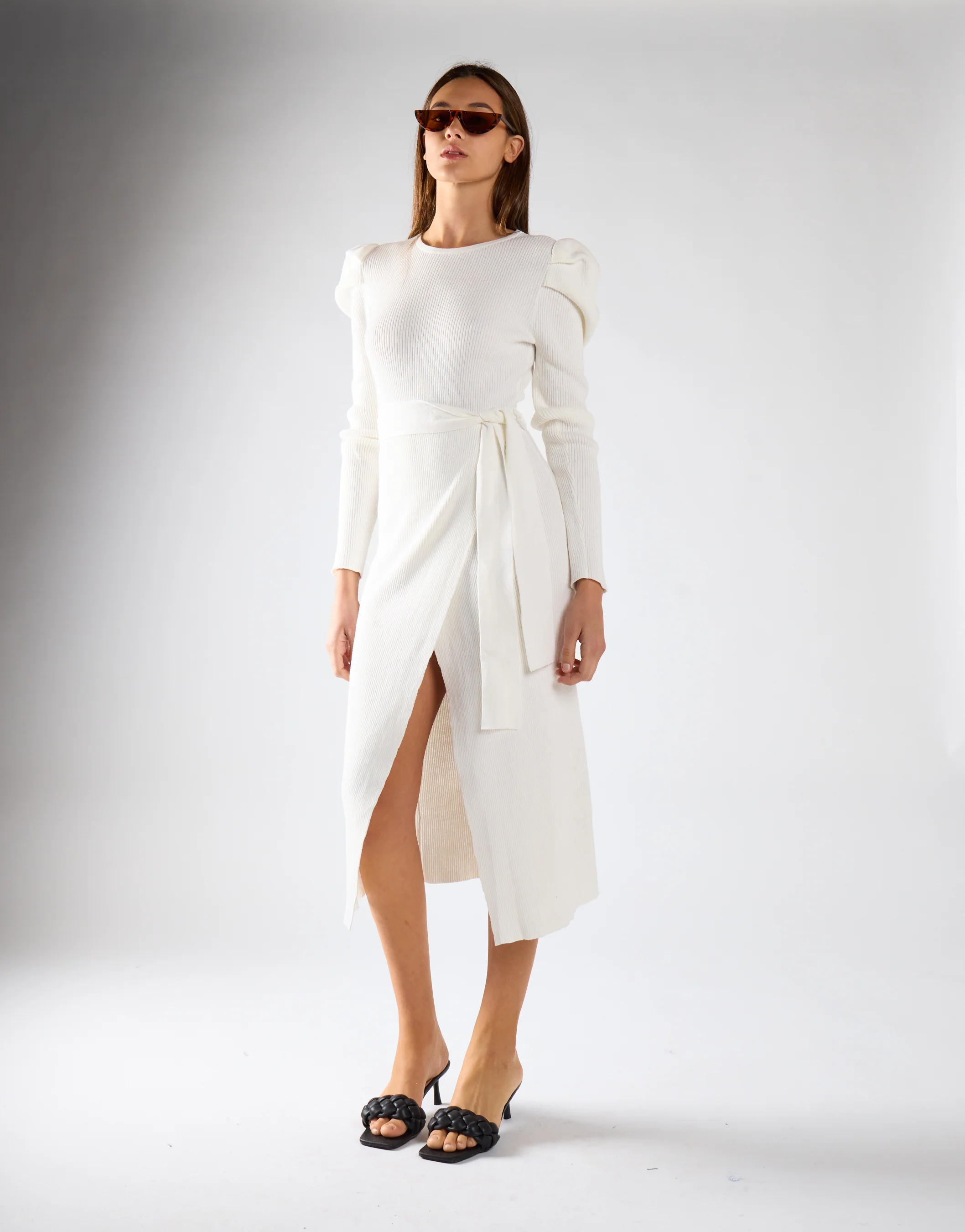 Glamorous Off White Puff Shoulder Split Midi Dress