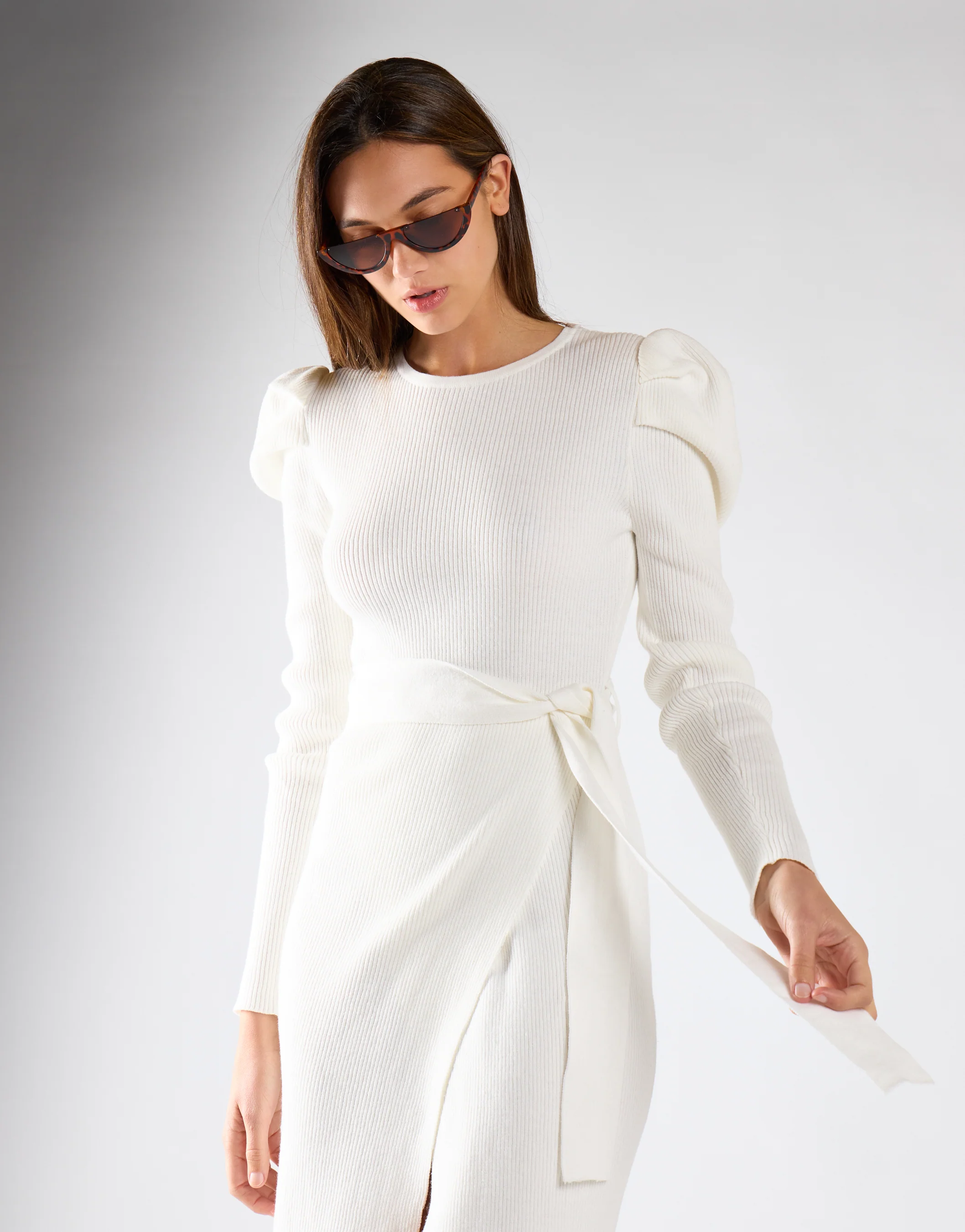 Glamorous Off White Puff Shoulder Split Midi Dress - Image 3