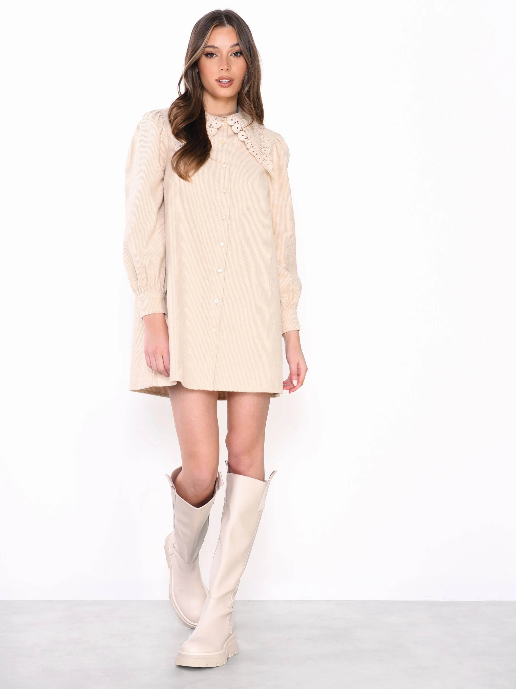 Glamorous Stone Corduroy Collar Button Front Mini Dress - Image 2