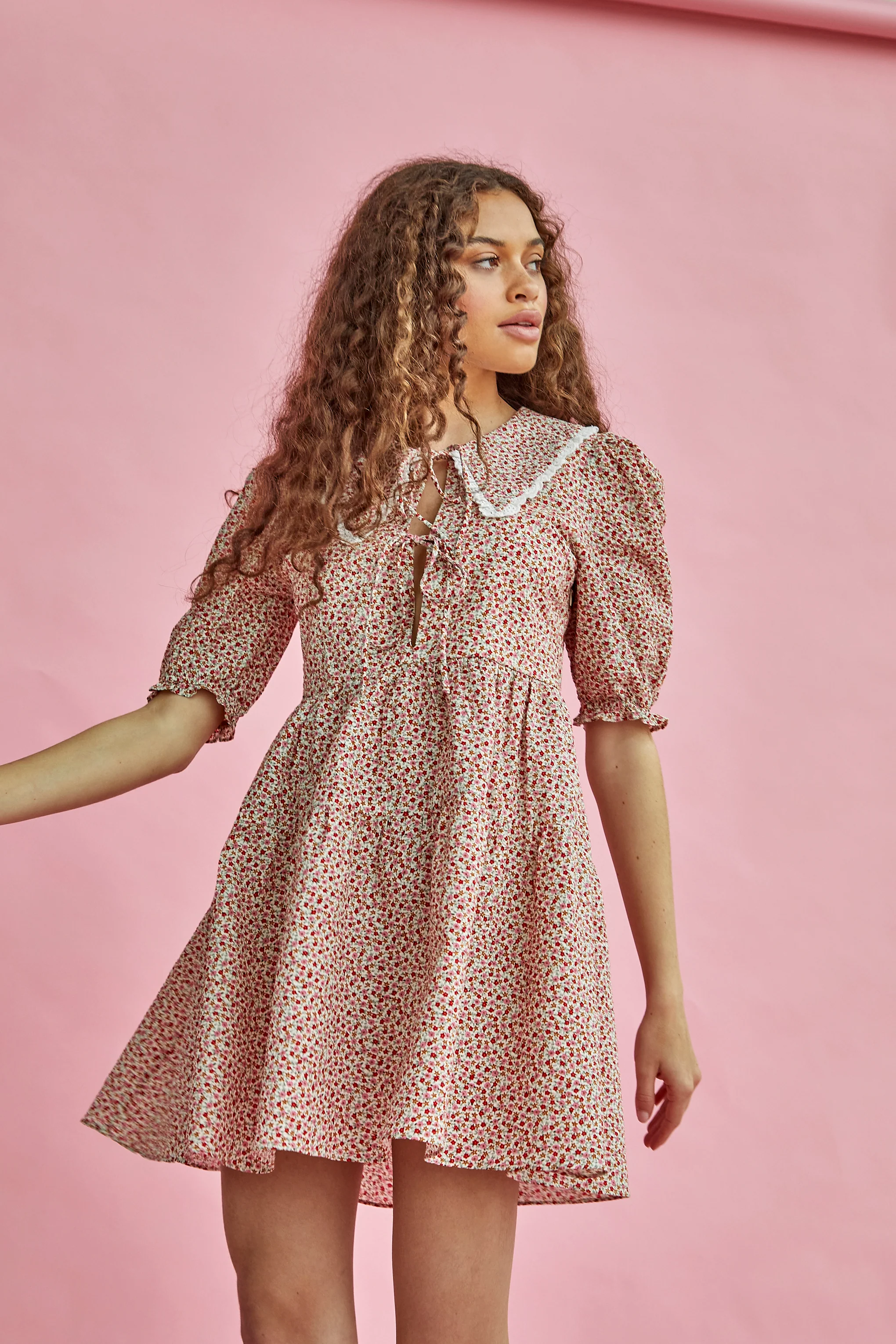 Glamorous Red Pink Ditsy Statement Collar Smocked Mini Dress