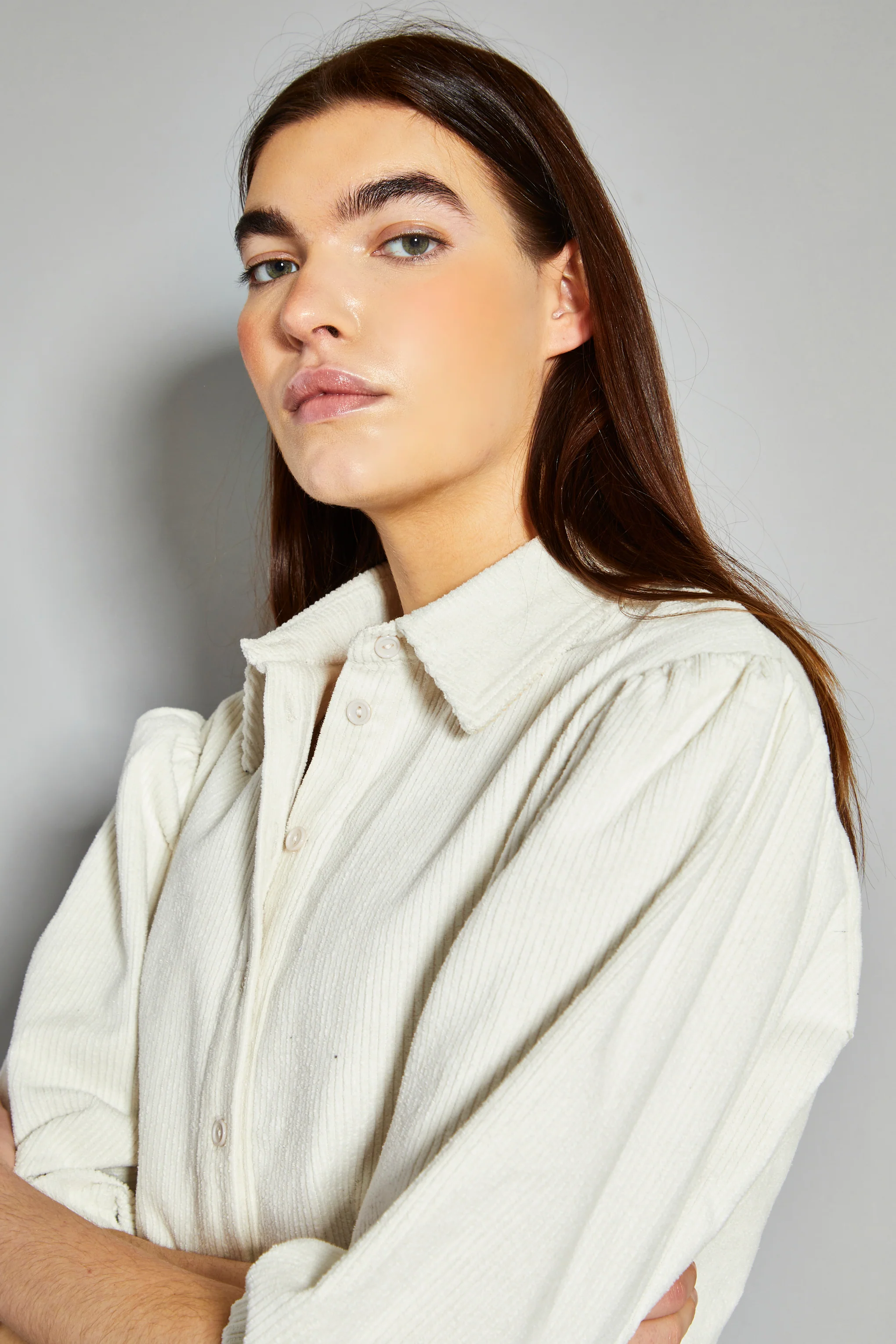 Glamorous Cream Corduroy Puff Sleeve Skater Shirt Dress - Image 3