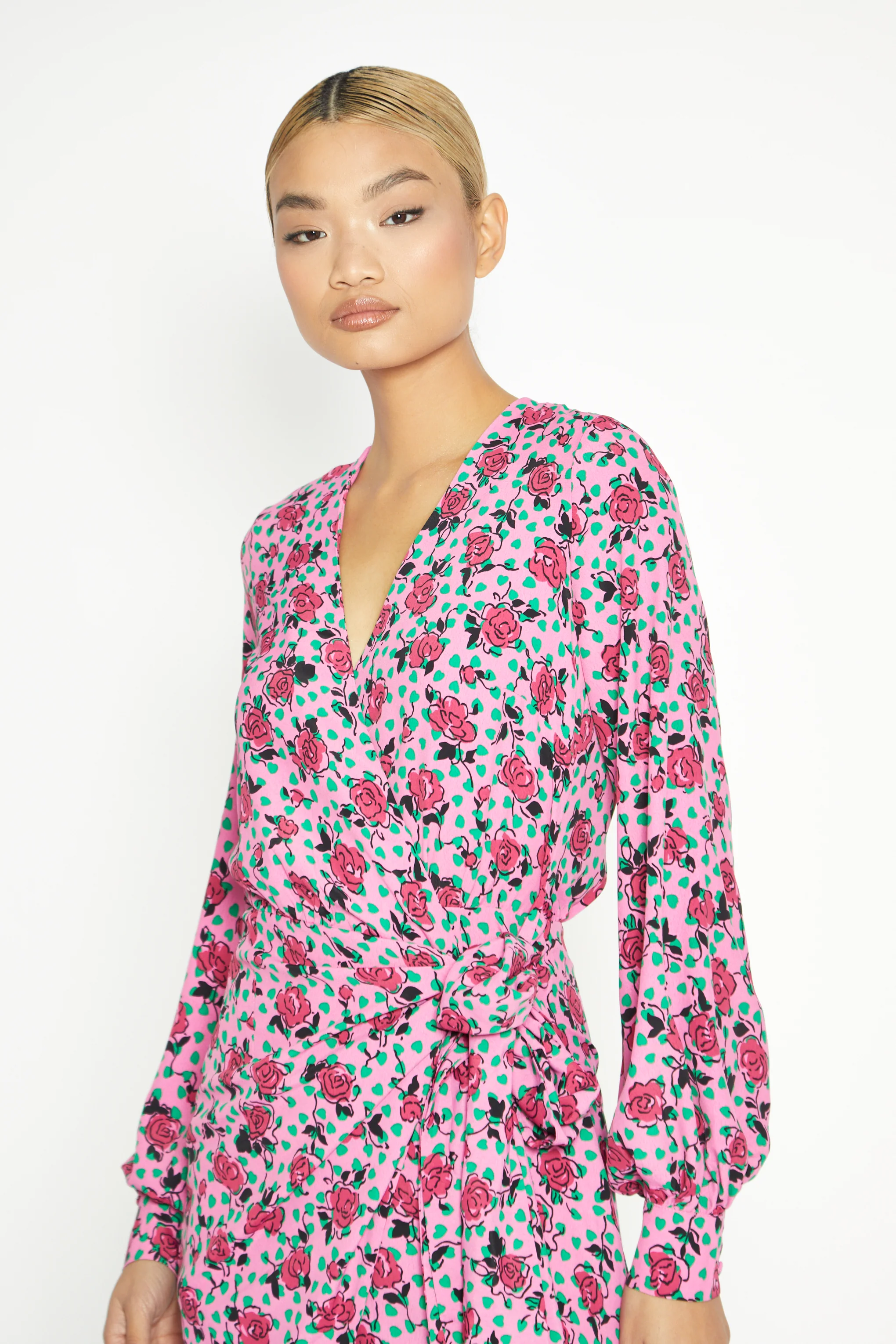 Glamorous Pink Multi Rose Mini Wrap Dress - Image 3
